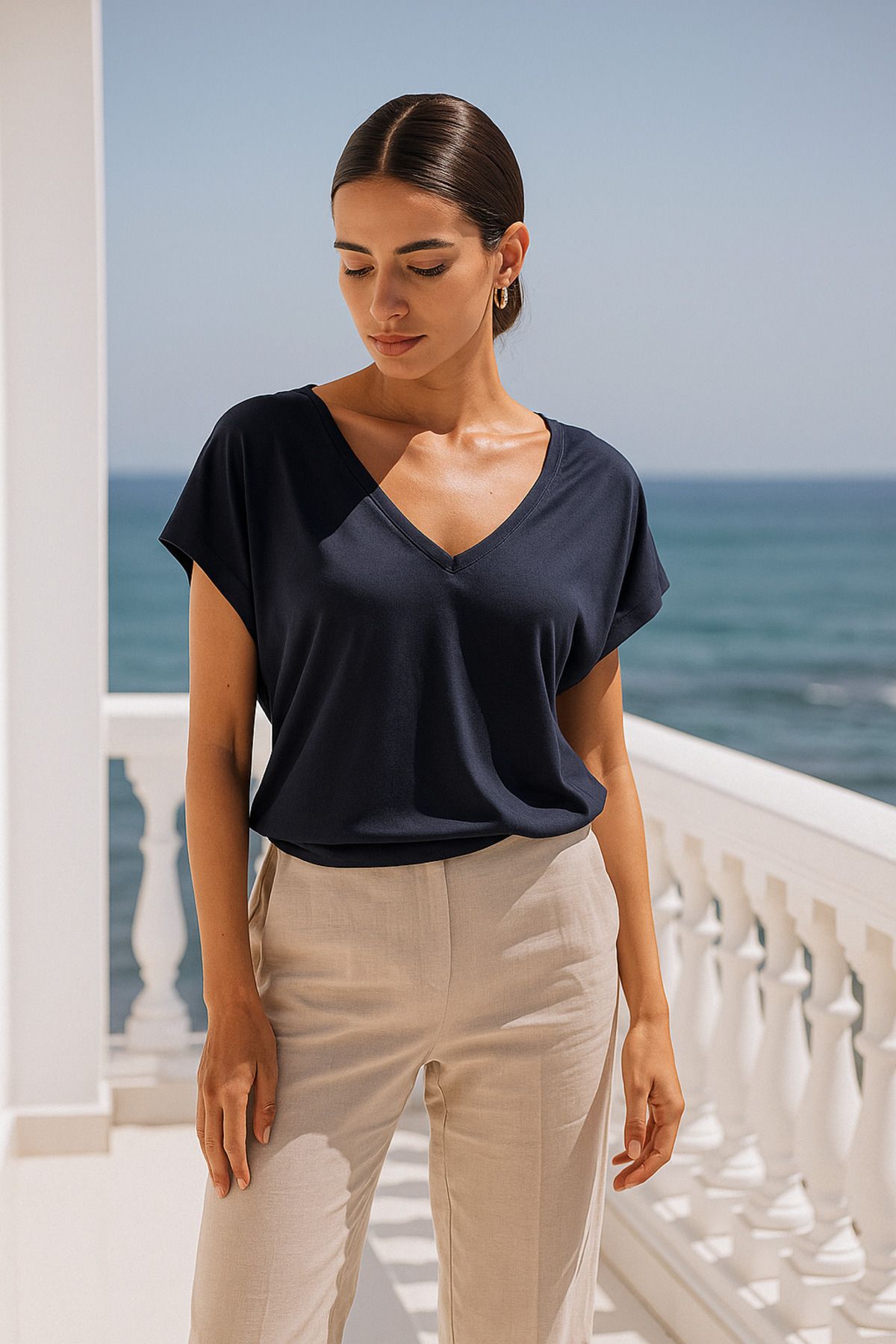 Rich Kadın Koyu Lacivert Viskon Ön Arka V Yakalı T-shirt Yarasa Kol Relaxed Bluz