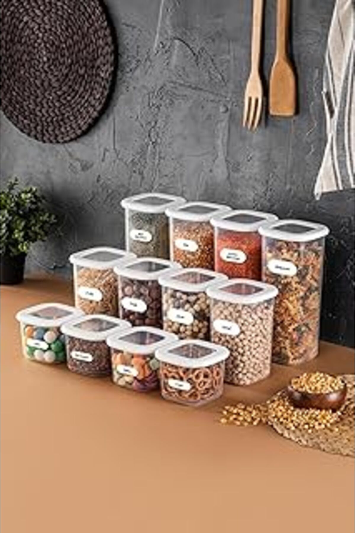 Mu Art Ahşap Foly Etiketli Erzak Saklama Kabı 12'Li Set 4X(0,55 Litre, 1,2 Litre, 1,75 Litre)