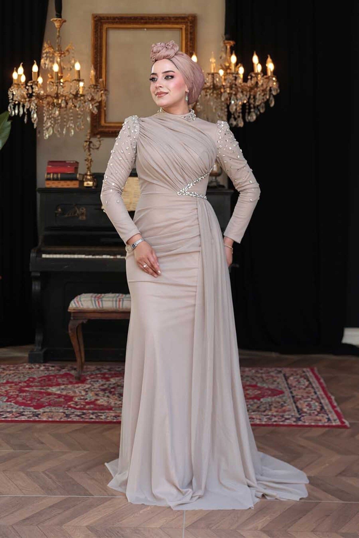 N.S NEVA STYLE Boncuk İşlemeli Vizon Tesettür Abiye Elbise 5295V