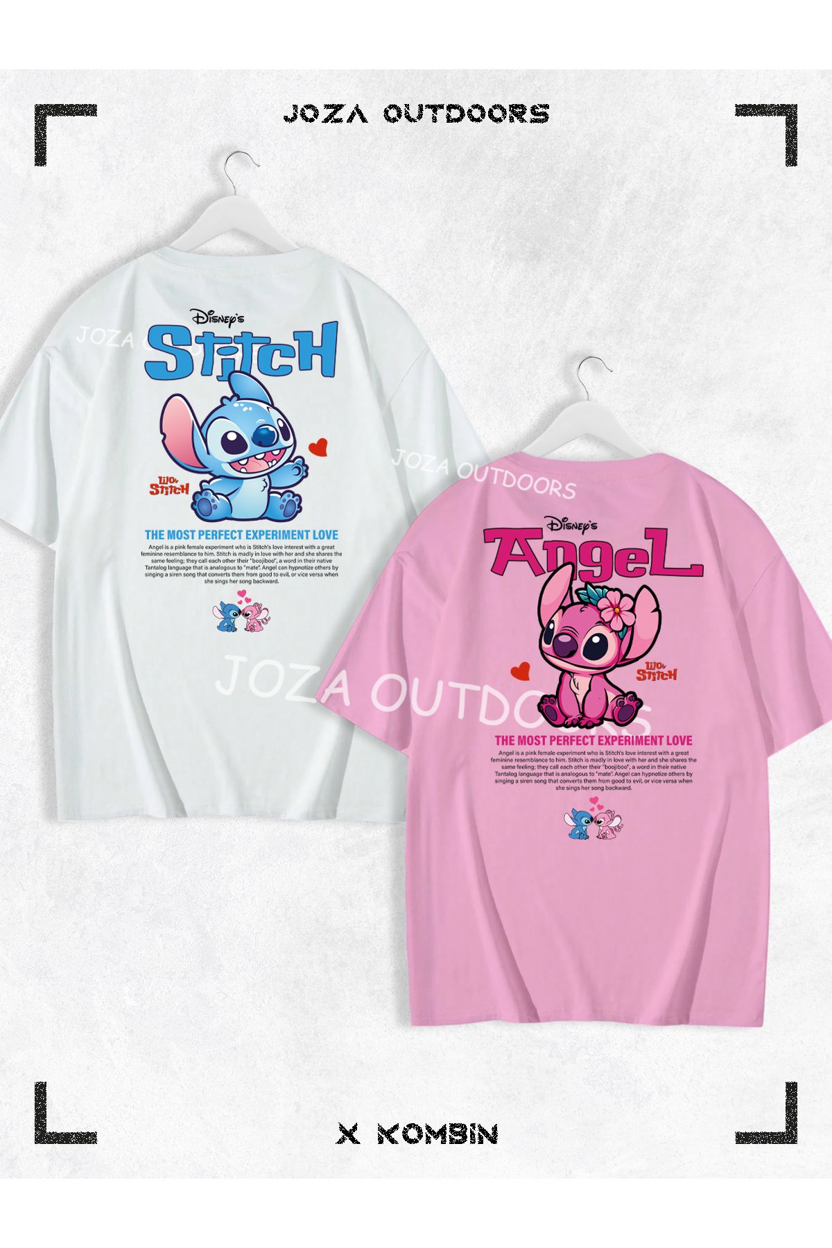 Joza Outdoors Kadın Erkek Lilo Angel Stitch Yazılı SIRT Baskılı Sevgili Çift Kombini Oversize Tshirt 2'li Takım