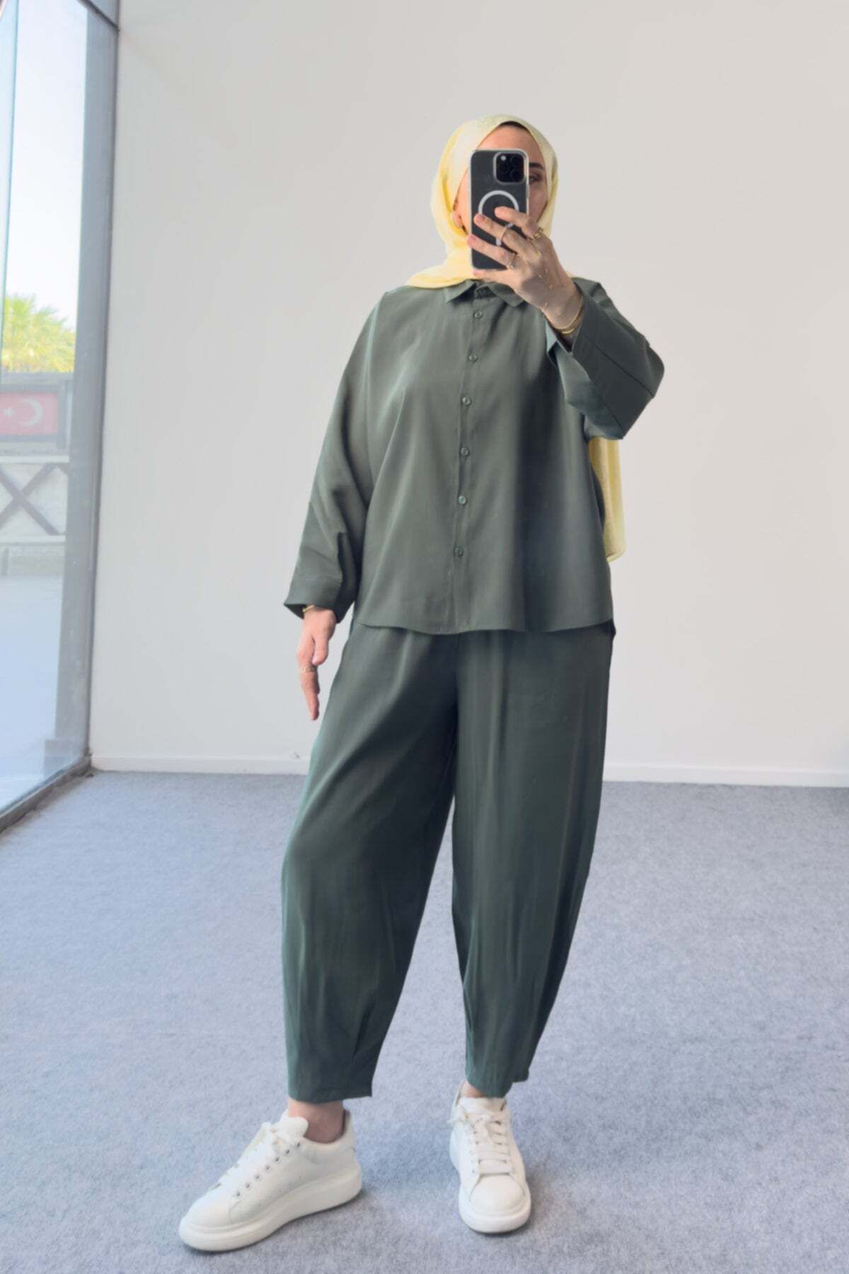 Hatun Atila Modal Kumaş Oversize Gömlekli Şalvar Pantolonlu İkili Takım 5210 - Haki