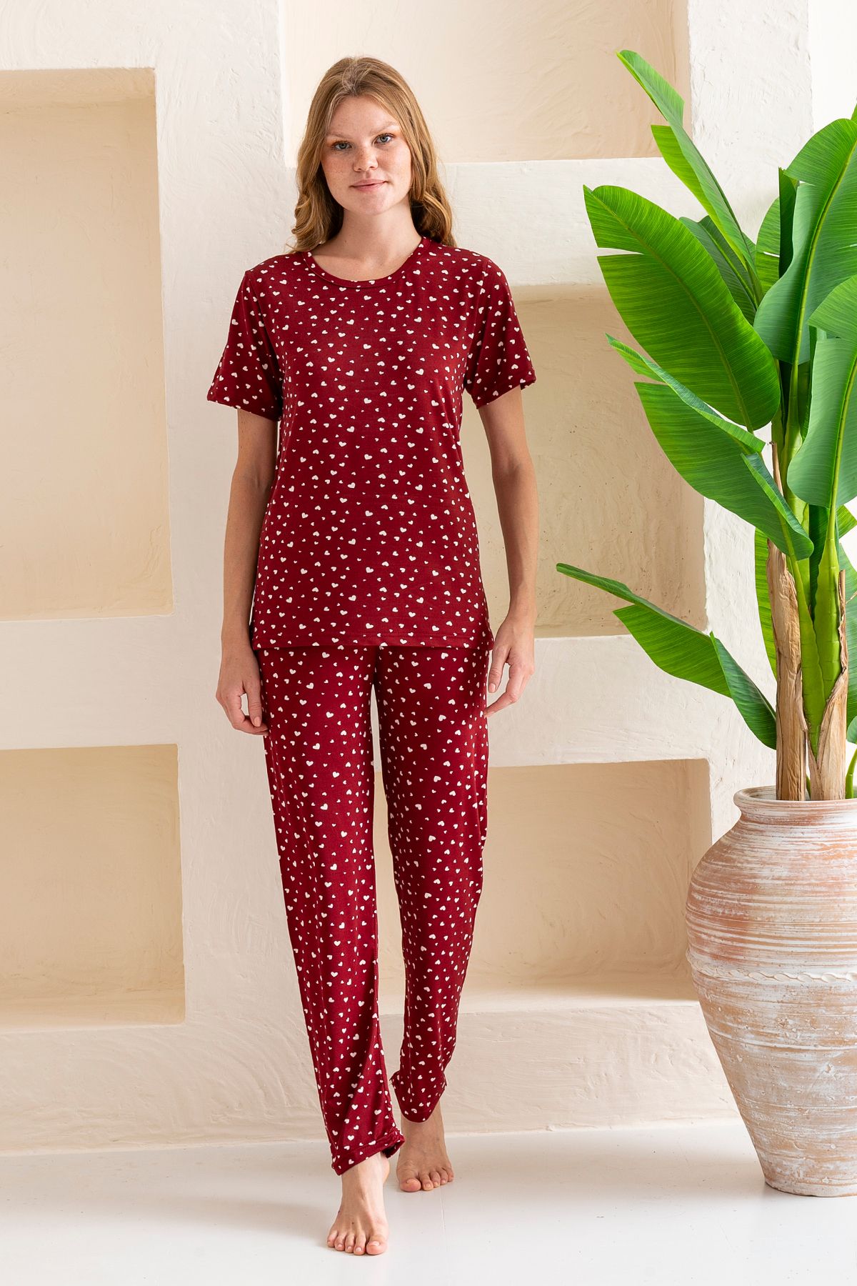 GİYSA Kadın Bisiklet Yaka Kısa Kollu Kalp Desenli Pijama Takım Bordo - 6016