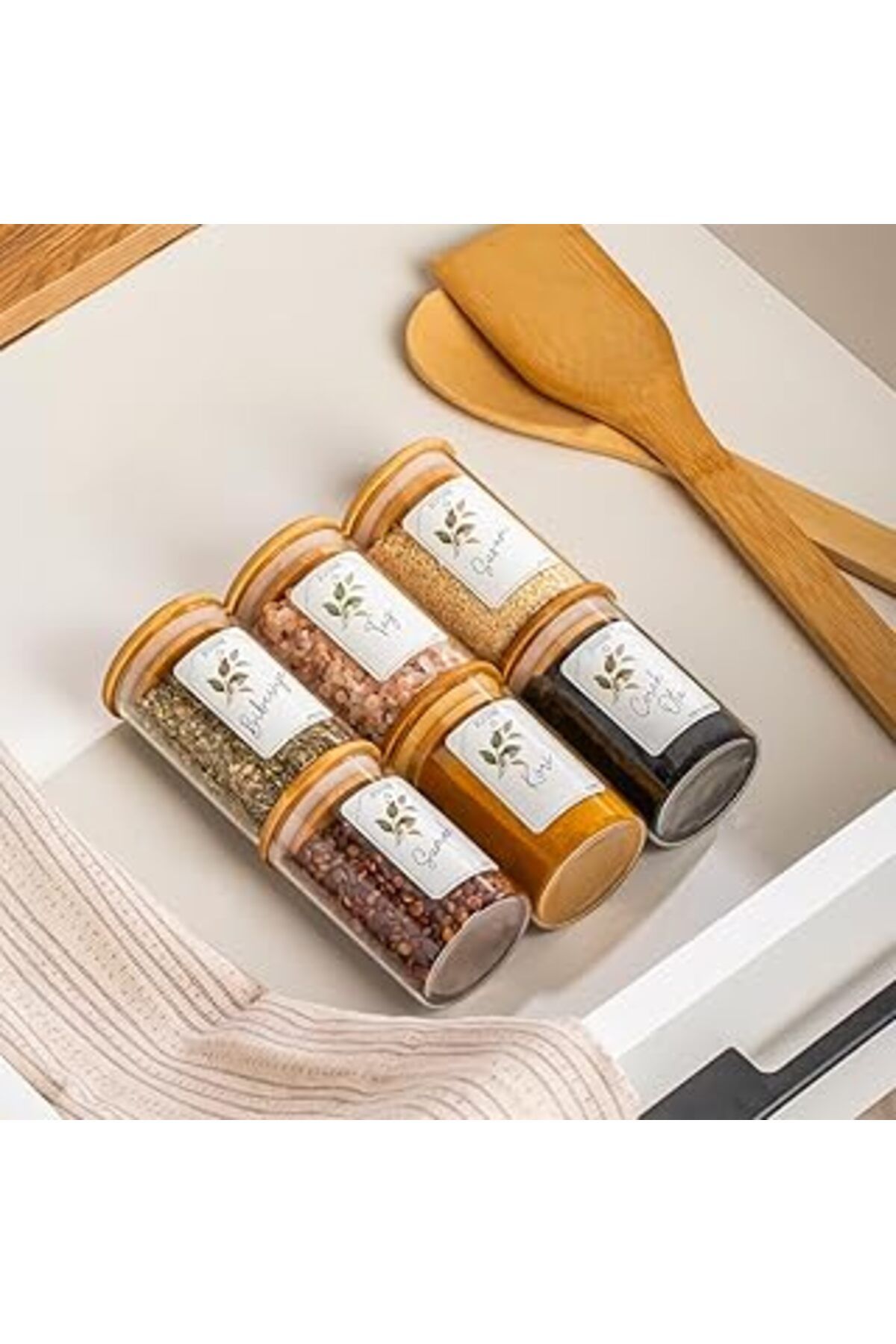 Mu Art Ahşap Porsima 3178 Cam 6 Parça Vakumlu Bambu Kapaklı Baharatlık Seti Takımı, Saklama Kabı Etiketli (150Ml
