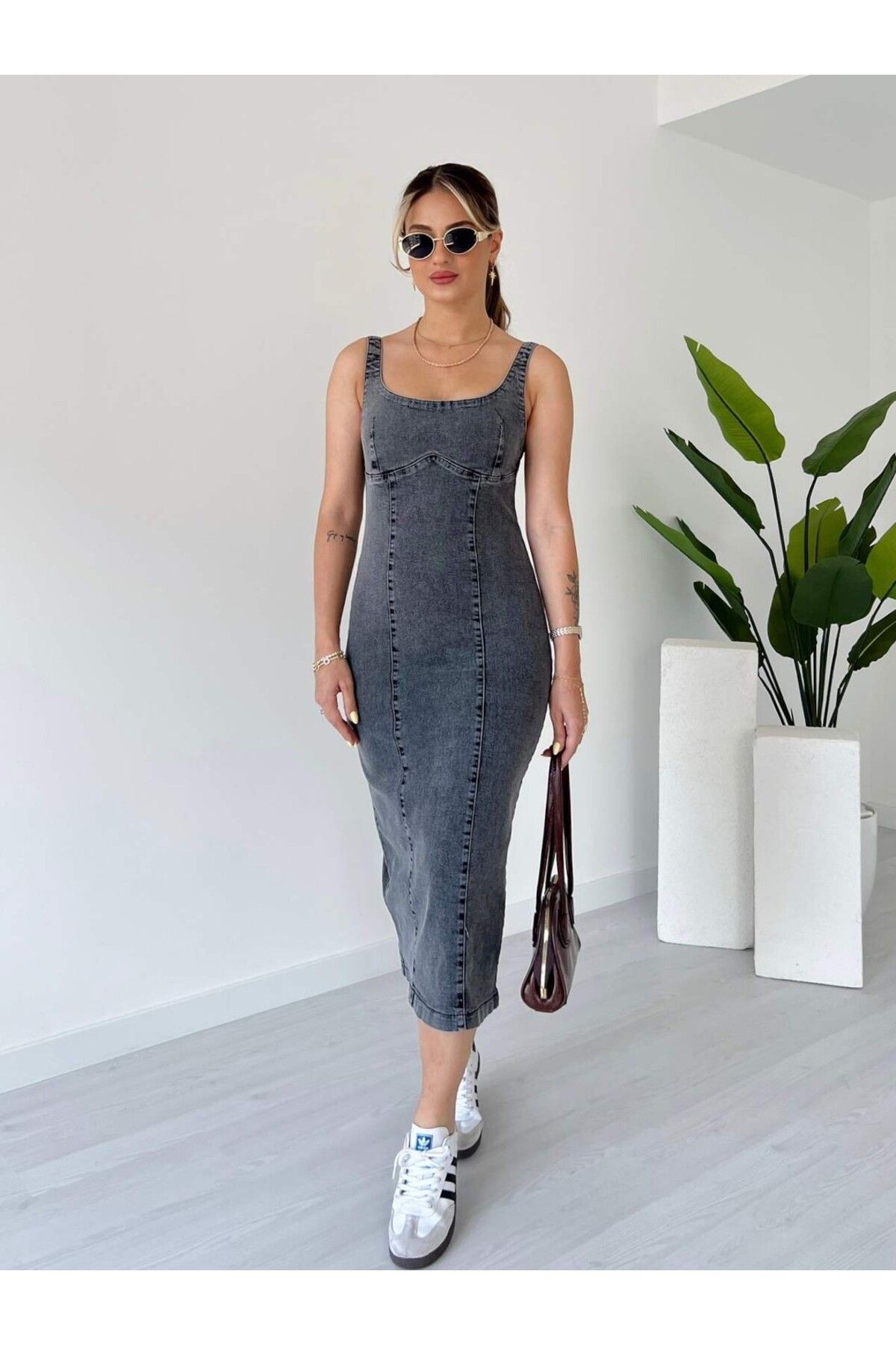 tiamoda Likralı Sırt Fermuarlı Denim Elbise