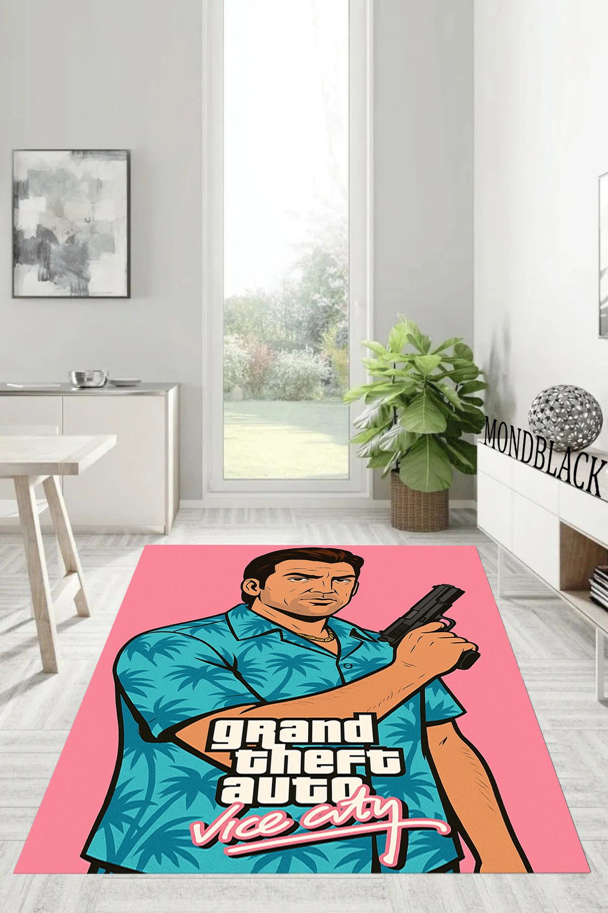 Mondblack Pembe GTA Vice City Desenli Kaymaz Taban Halı, Makinede Yıkanabilir, Dijital Baskılı Halı