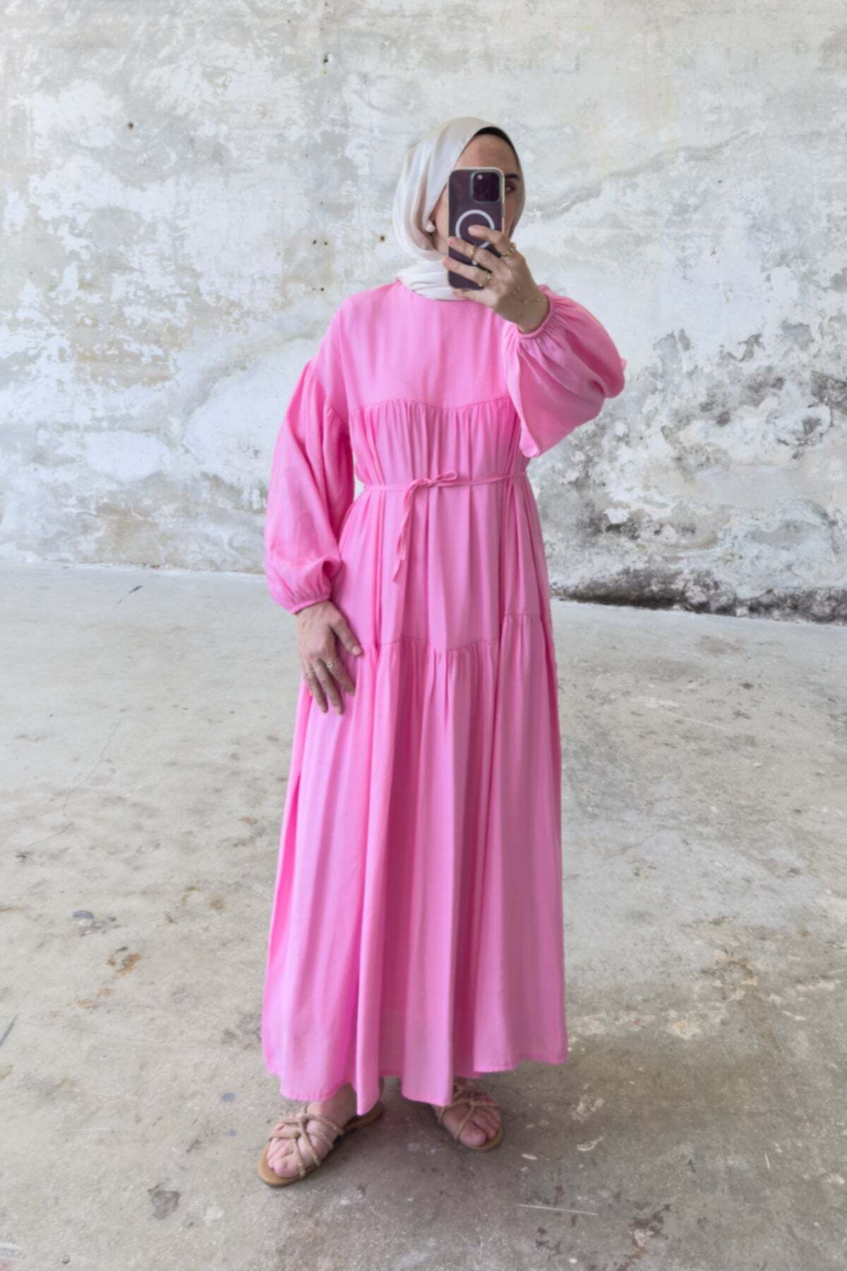 Hatun Atila Beli Bağlamalı Kat Kat Uzun Elbise 8850 - Pembe