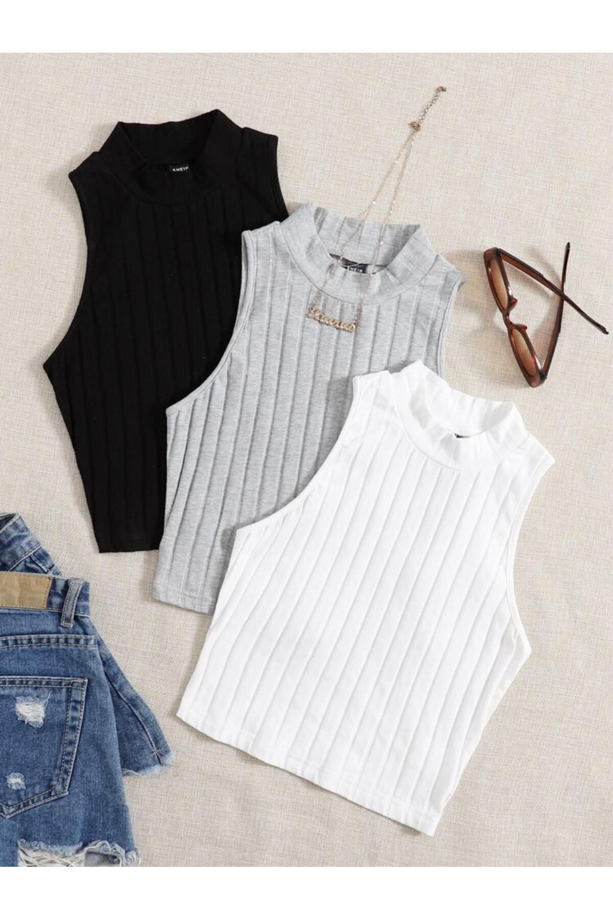 bemmoda Kadın 3'lü Set 3'lü Renk Çizgi Desen Yazlık Bluz
