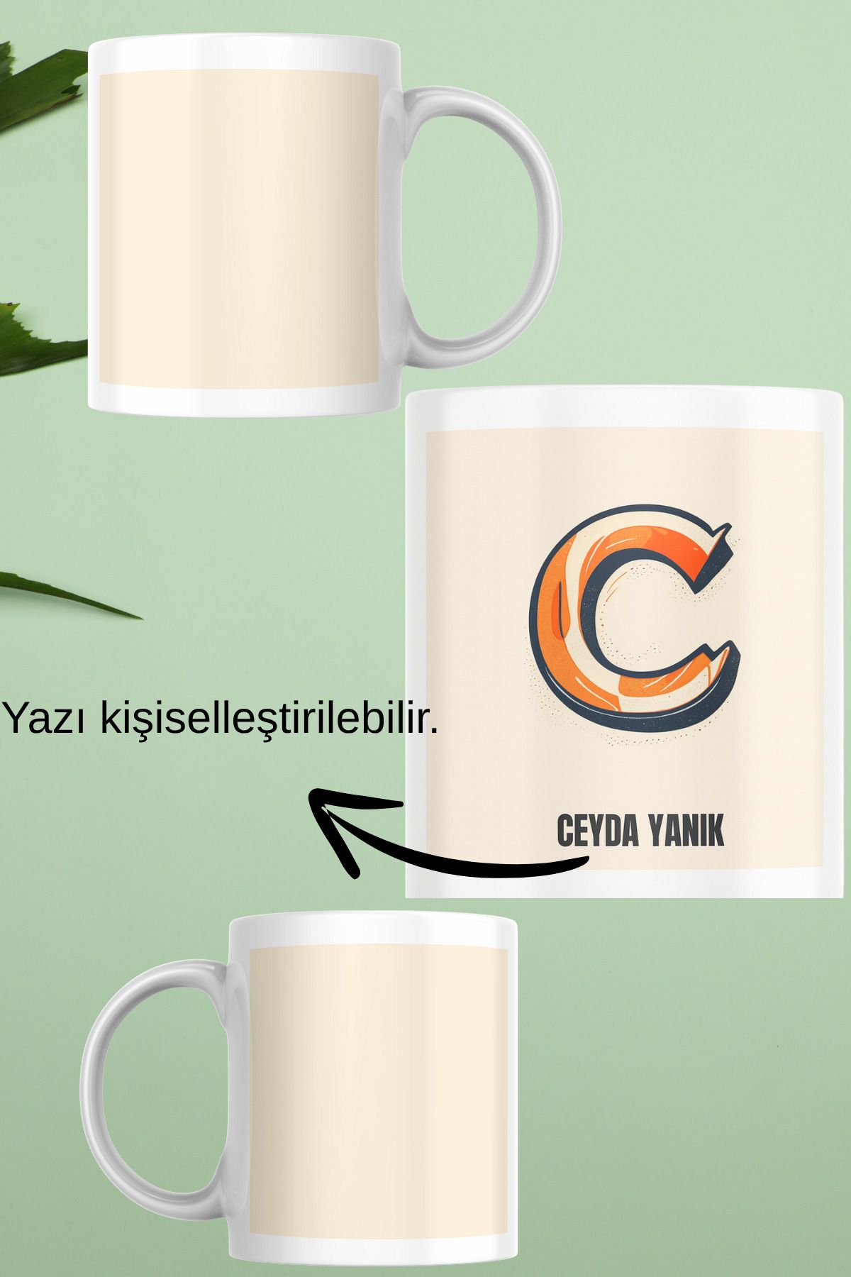 zerhome C Harf ve İsim Soyisimli Beyaz Porselen Kupa Bardak