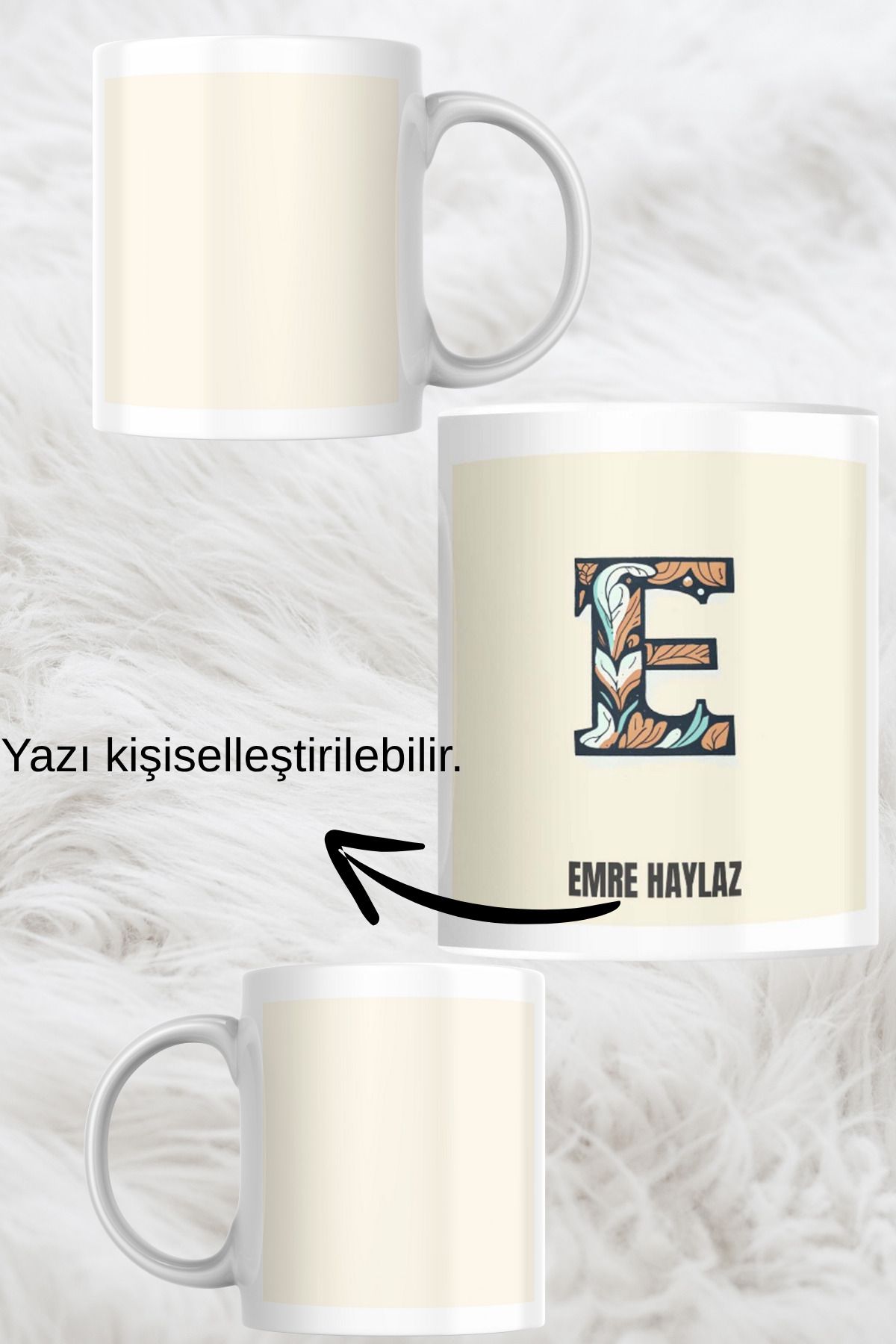 zerhome E Harf ve İsim Soyisimli Beyaz Porselen Kupa Bardak