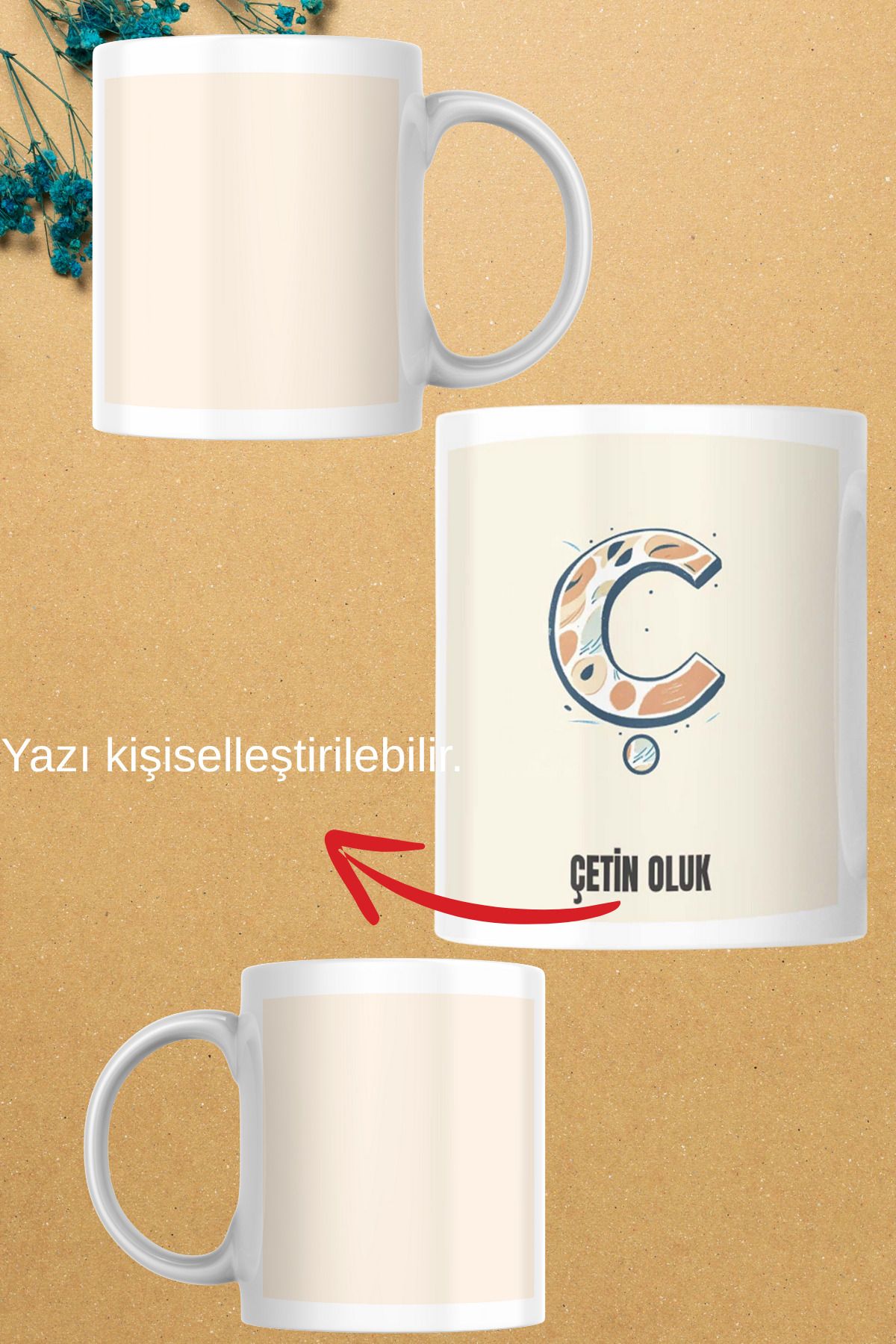 zerhome Ç Harf ve İsim Soyisimli Beyaz Porselen Kupa Bardak