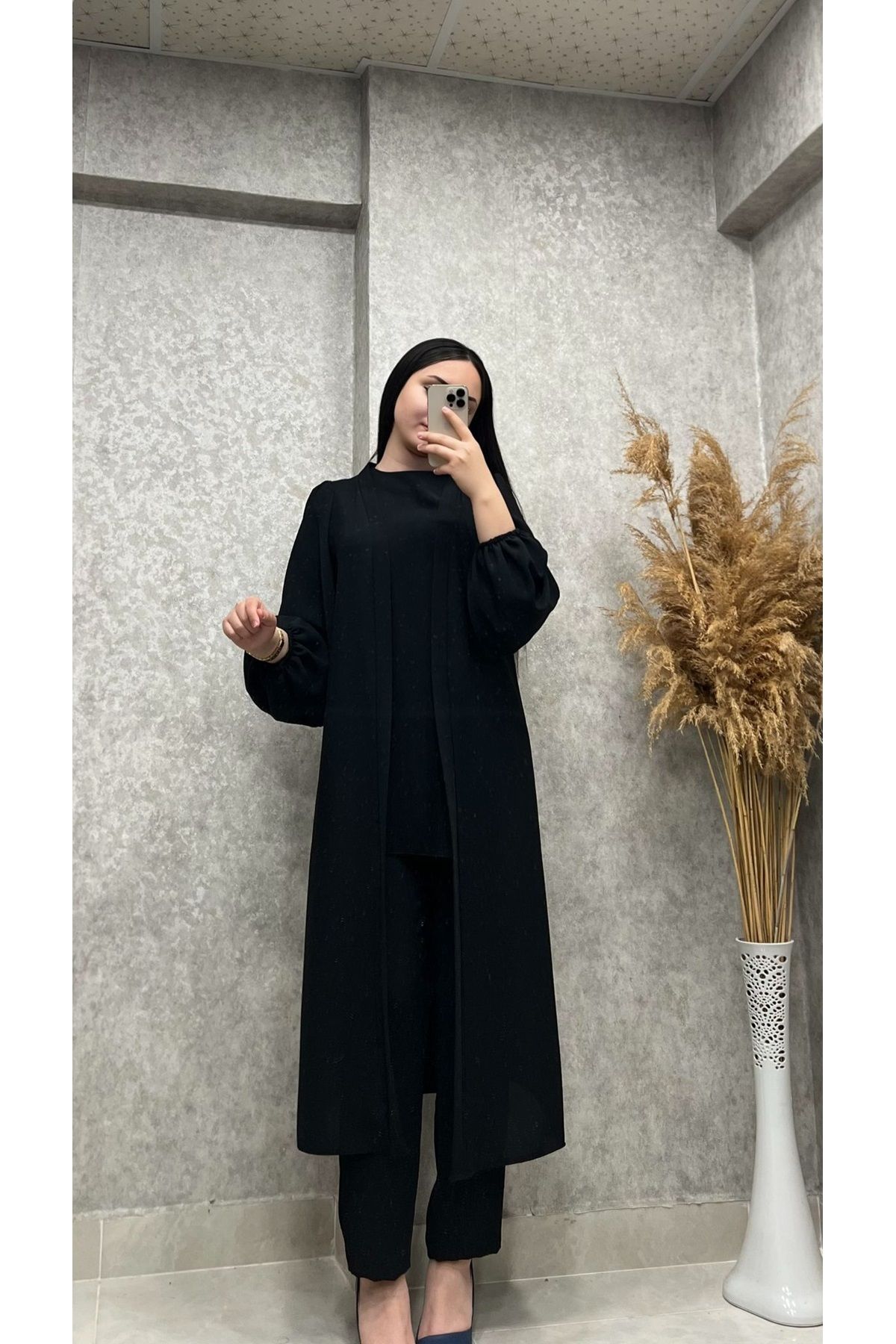 naqshestore 25Y8452 TAKIM ÜÇLÜ PANTOLON İÇLİK KAP BELİ KUŞAKLI KOLU LASTİKLİ SİYAH