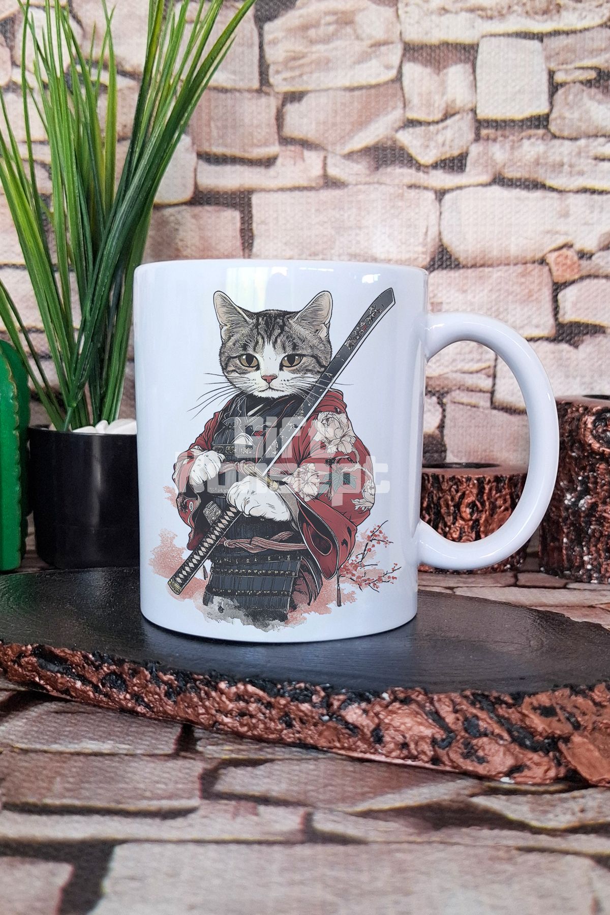 giftkonsept Sevimli Samuray Kedi Baskılı Japon Anime Manga Savaşçı Hediye Baskılı Kupa Bardak