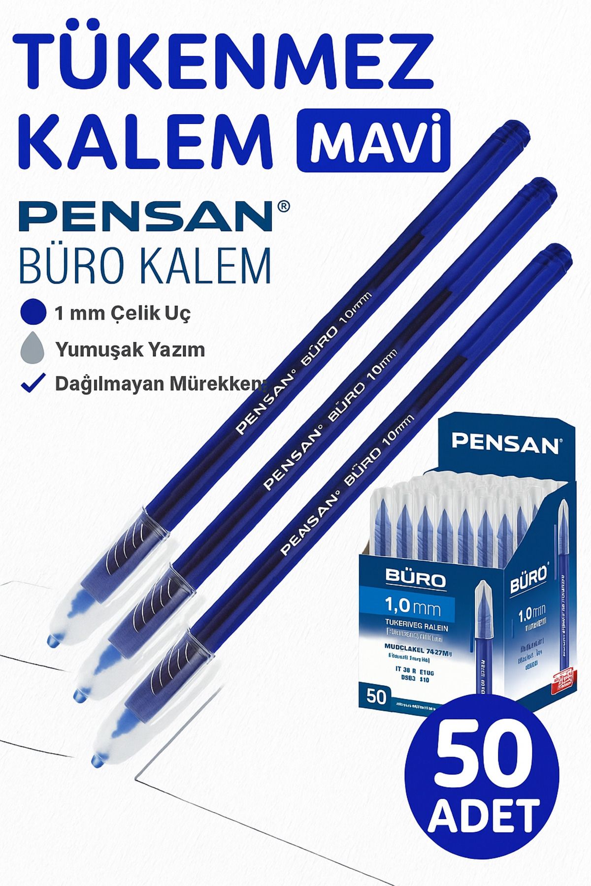 ANI OFİS KIRTASİYE A K Tükenmez Kalem Mavi 1.0 mm 50'li Ekonomik Paket | Büro Tipi Yazım Kalem Dağılmayan Mürekkep Çelik Uç