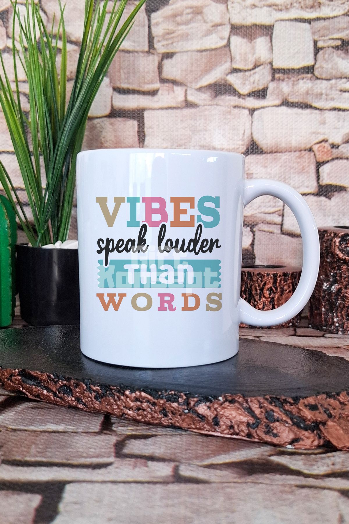 giftkonsept "Vibes speak louder than words" Enerjinin Gücü Hediyelik Baskılı Çay Kahve Sunum Kupa Bardak