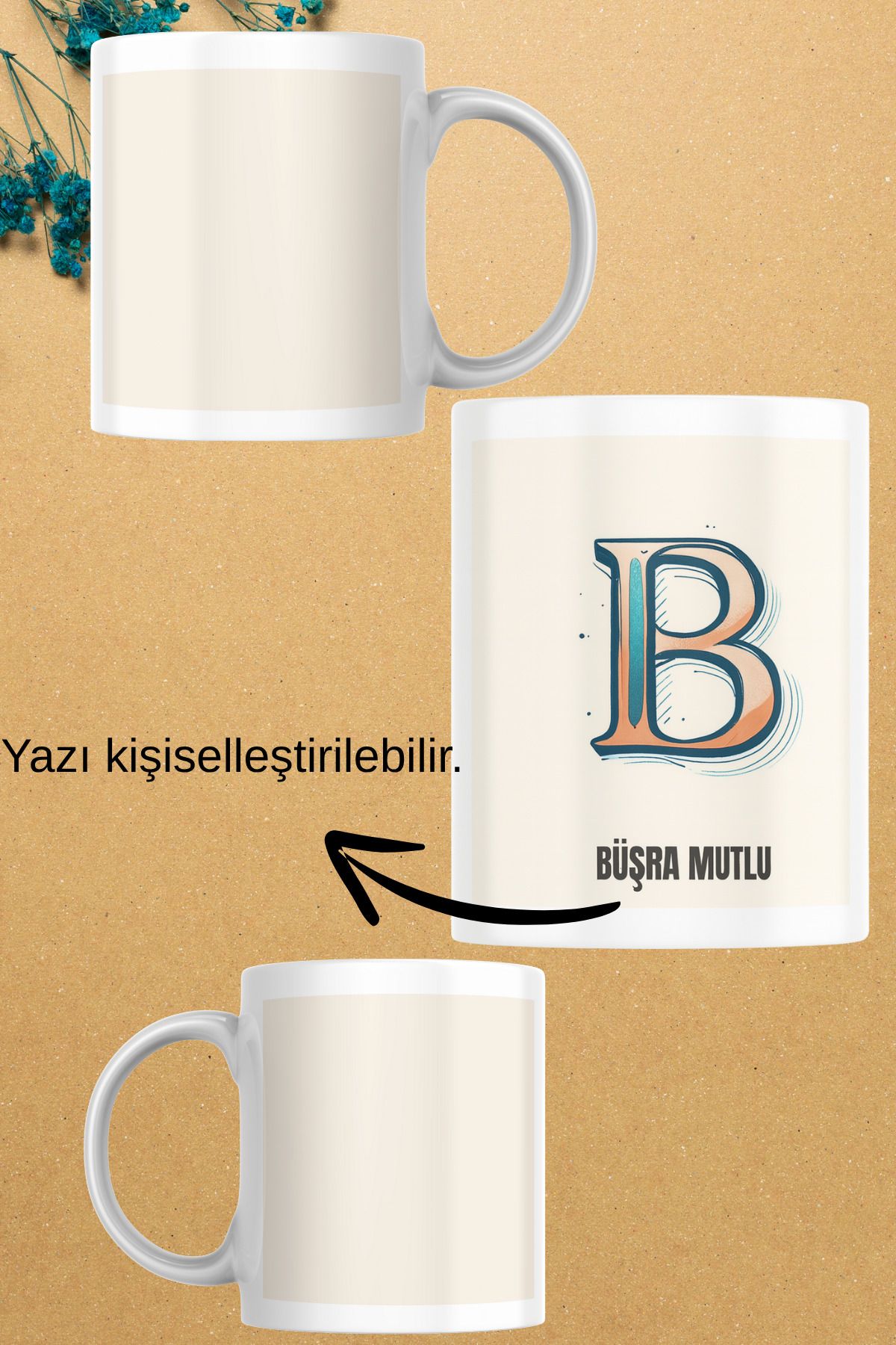 zerhome B Harf ve İsim Soyisimli Beyaz Porselen Kupa Bardak