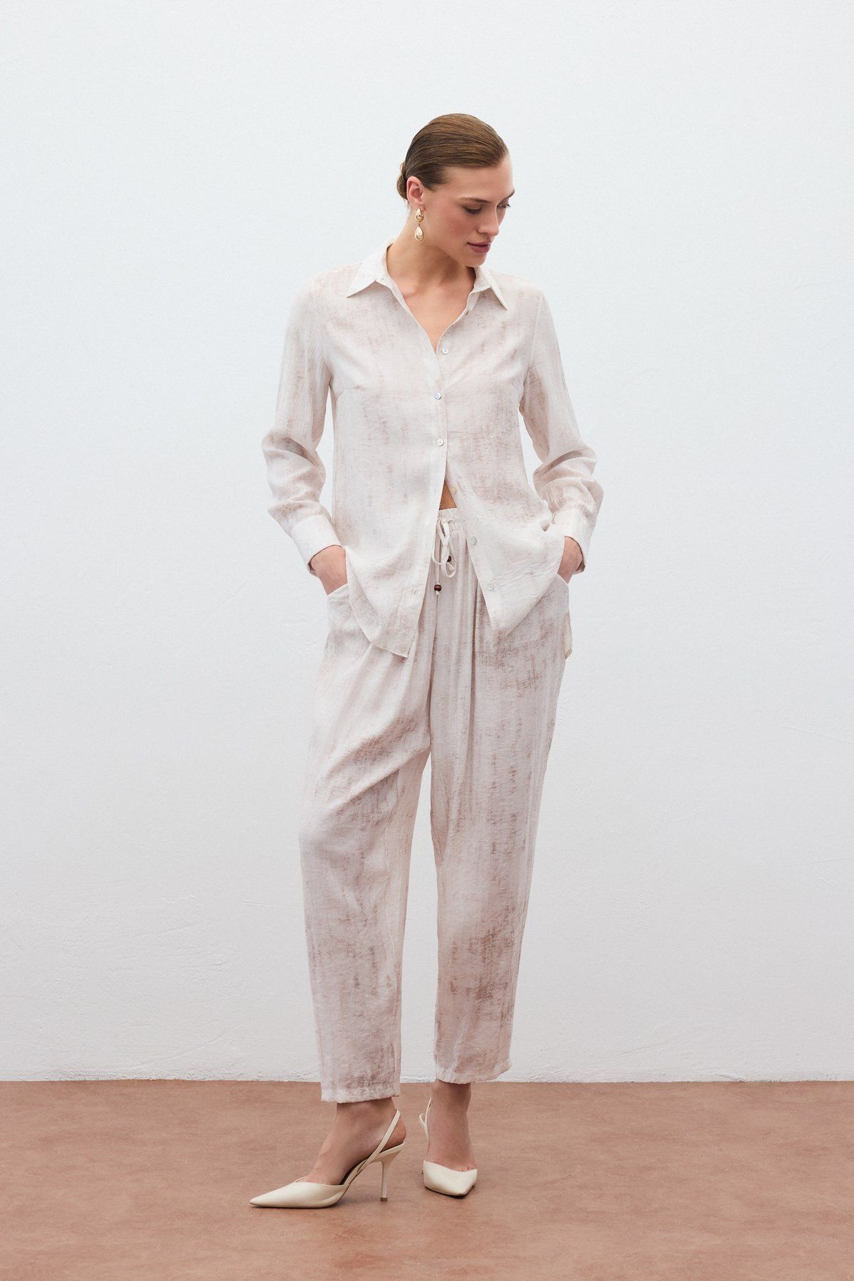 Sateen Batık Desenli Pantolon - Taş