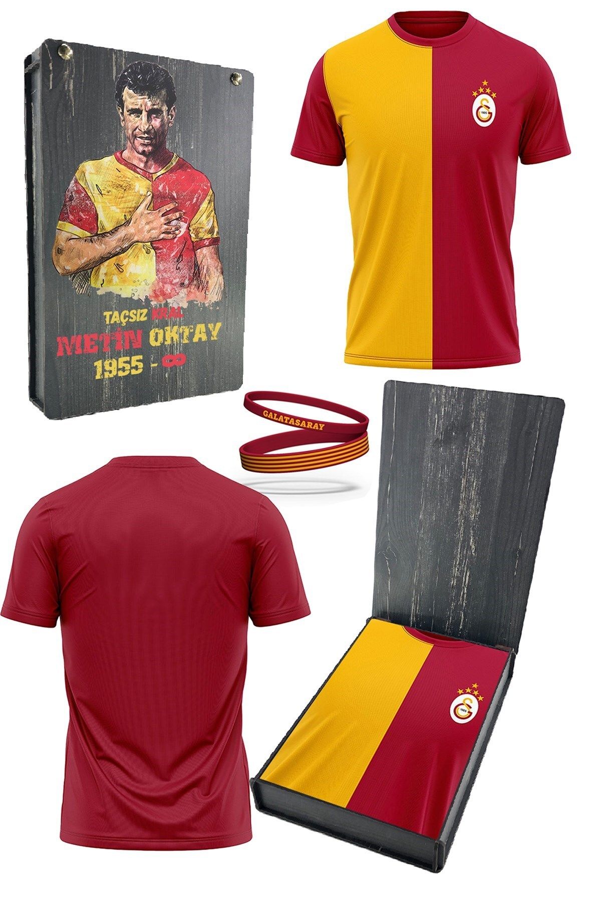Galatasaray Orijinal Lisanslı 5 Yıldızlı Sarı Kırmızı Erkek T-Shirt + Bileklik Set Hediyelik Kutulu