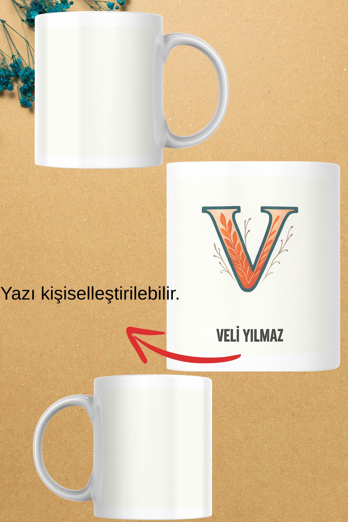 zerhome V Harf ve İsim Soyisimli Beyaz Porselen Kupa Bardak