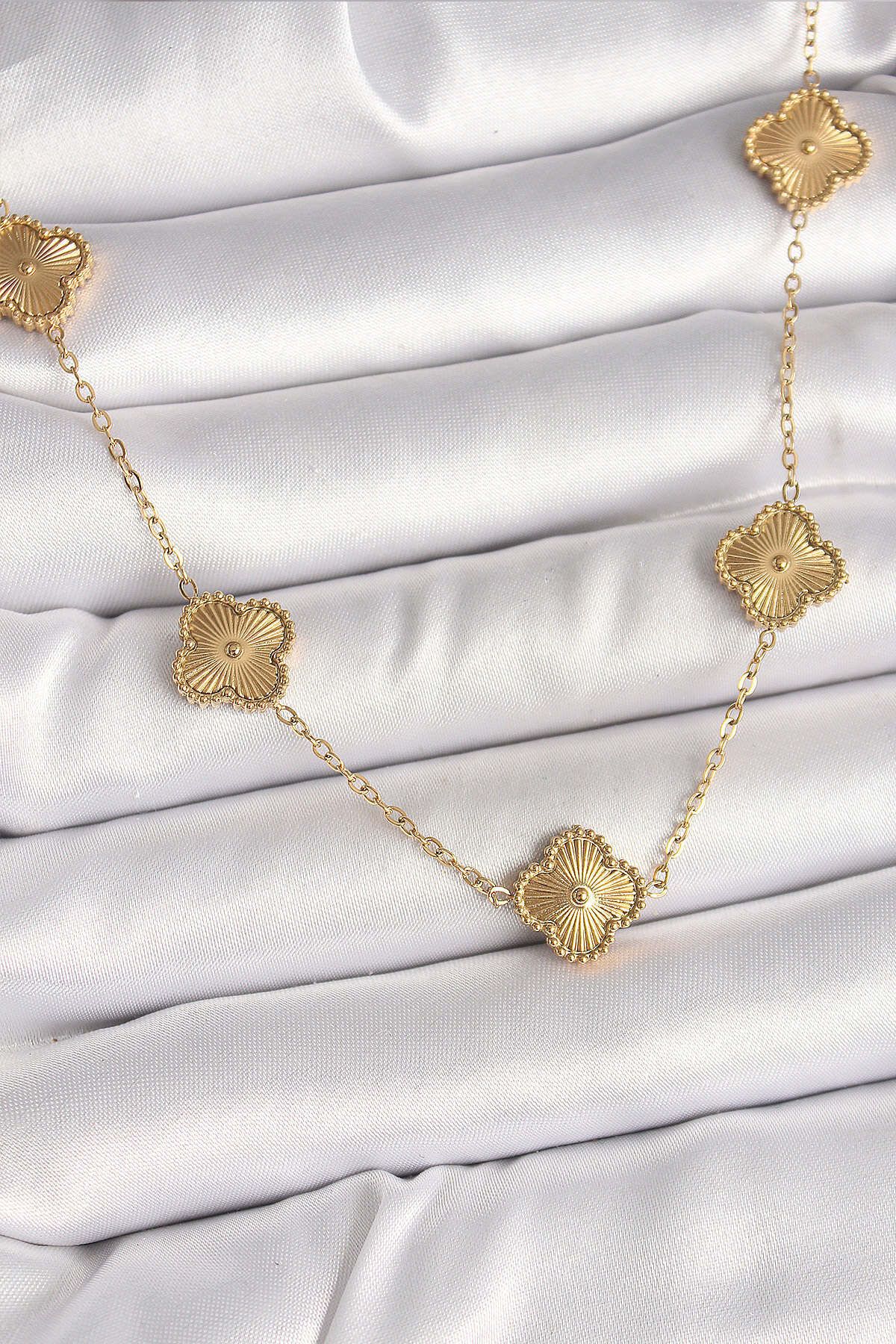 melfxxl eticaret 316L Çelik Gold Renk Zincir İşlemeli Yonca Model Kadın Kolye - Lisinya