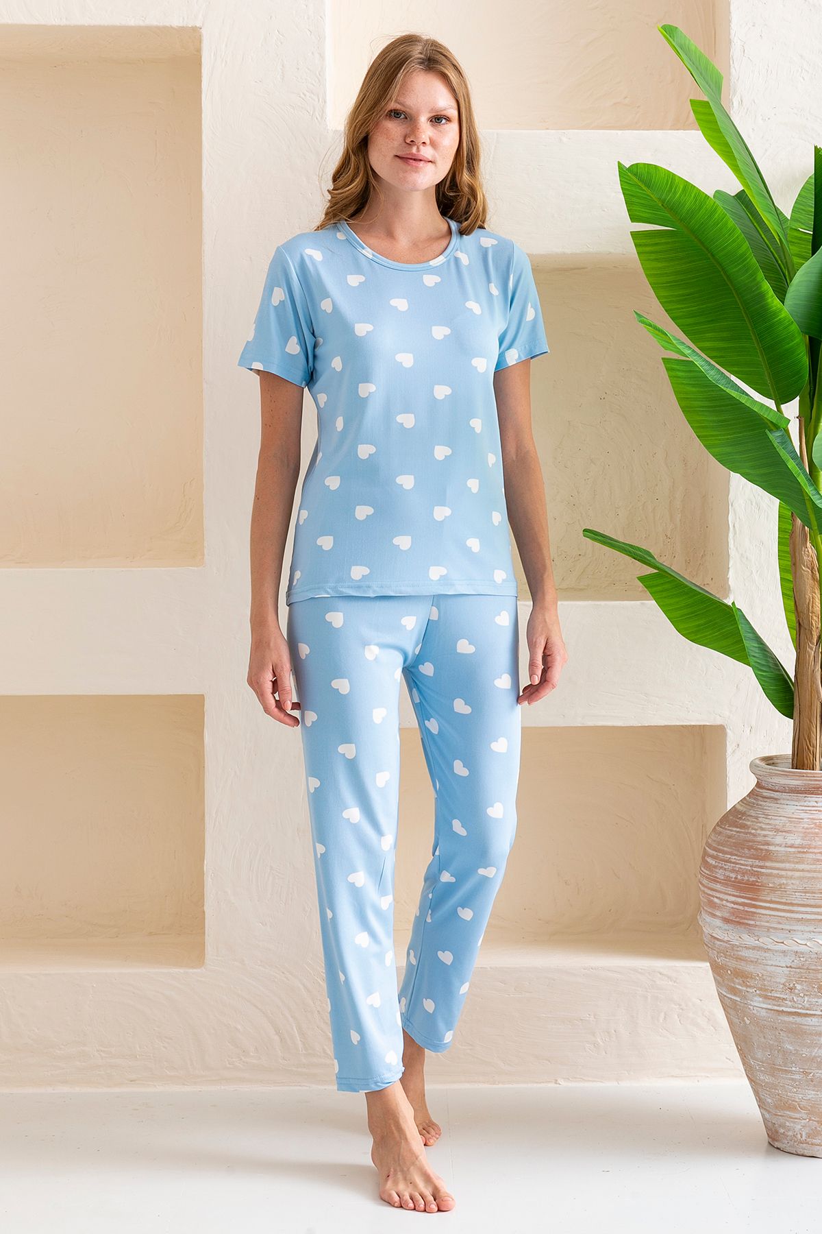 GİYSA Kadın Bisiklet Yaka Kısa Kollu Kalp Desenli Pijama Takım Bebe Mavi - 6016
