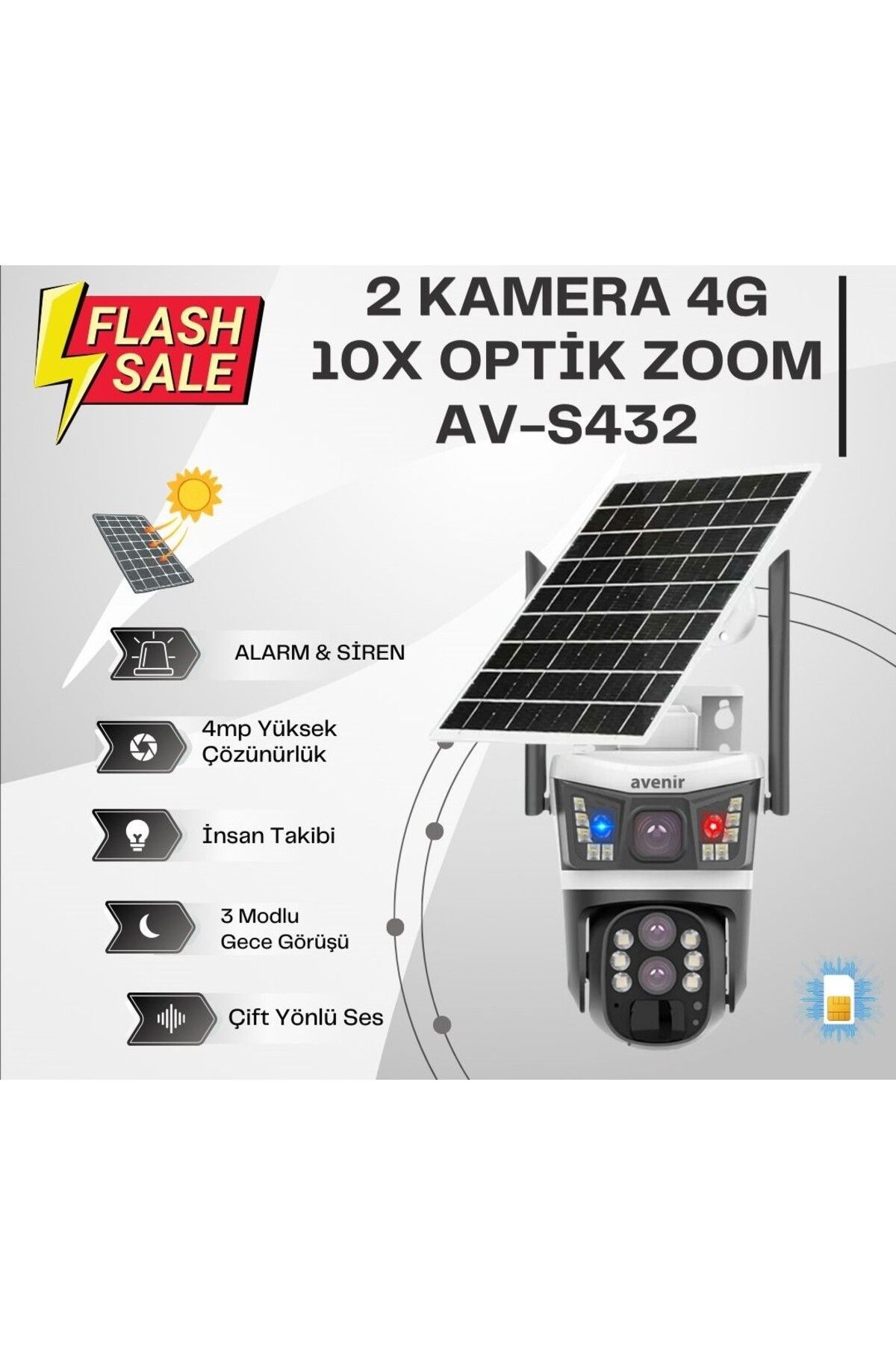 AVENİR 2 Kamera, 4G, 10X Optik Zoom, Güneş Enerjili, Alarm-Siren, 4mp Yüksek Çözünürlük, İnsan Takibi
