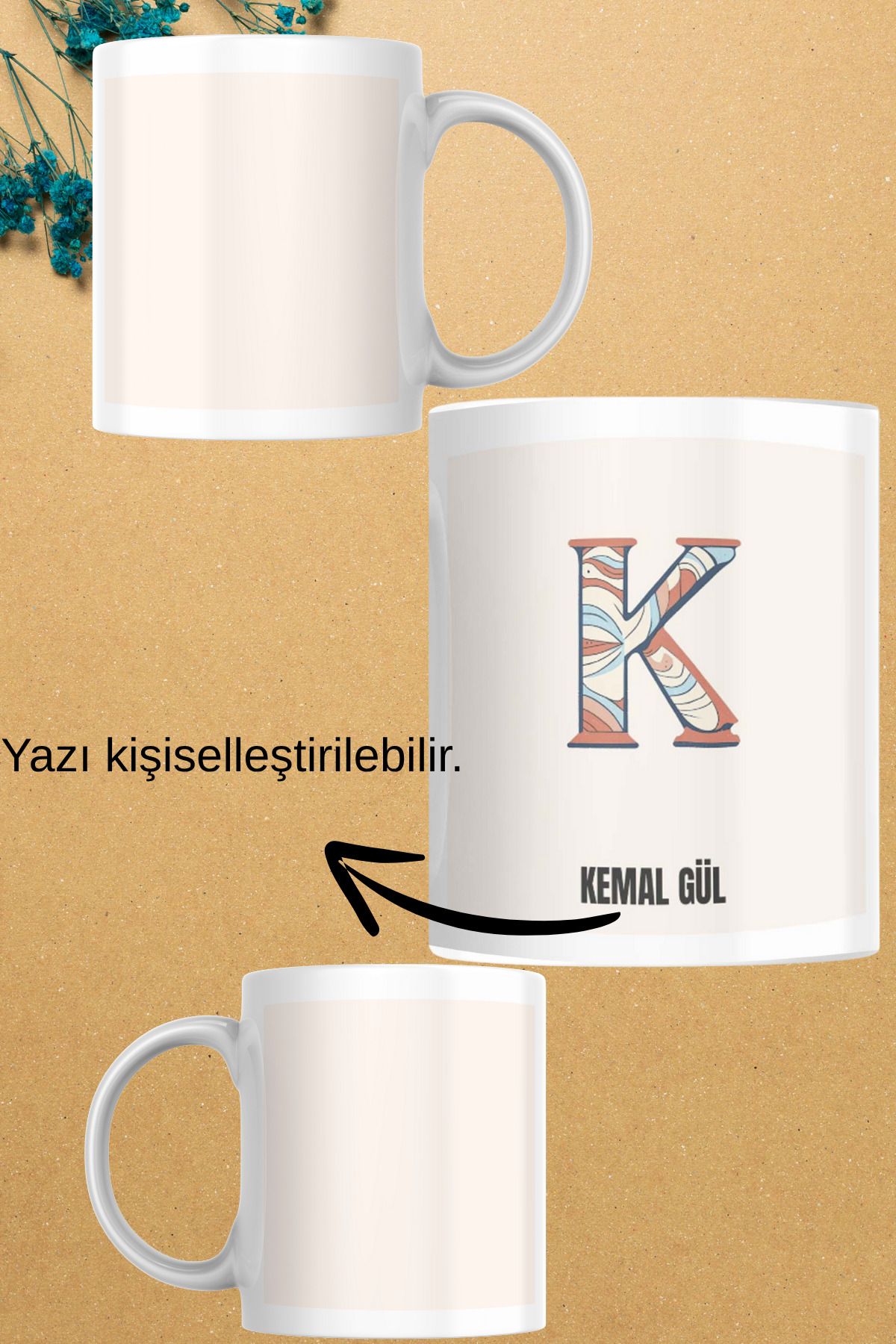 zerhome K Harf ve İsim Soyisimli Beyaz Porselen Kupa Bardak