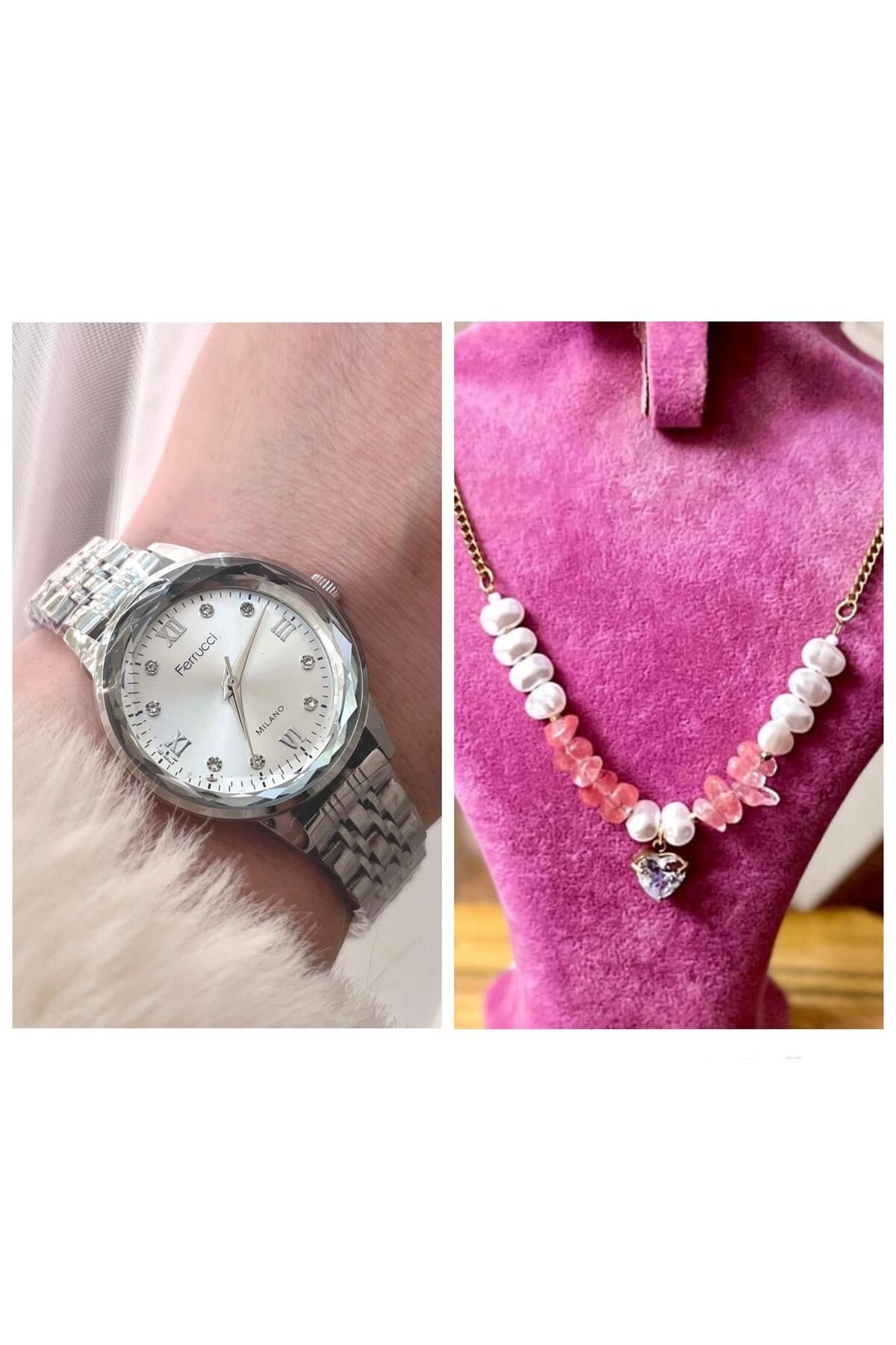 Ferrucci Kristal Efektli Taşlı Kadran Kadın Kol Saat+Çelik Kolye Hediye