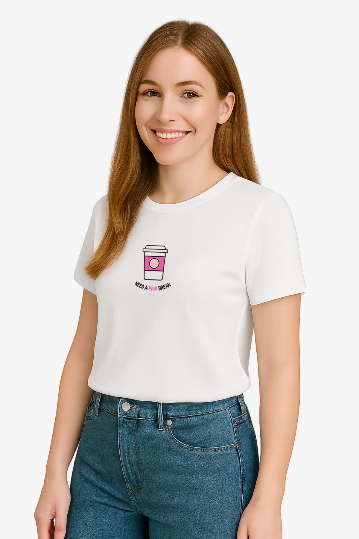 FANA Kadın Beyaz Tişört - Minimal Kahve Baskılı Yazlık T-shirt
