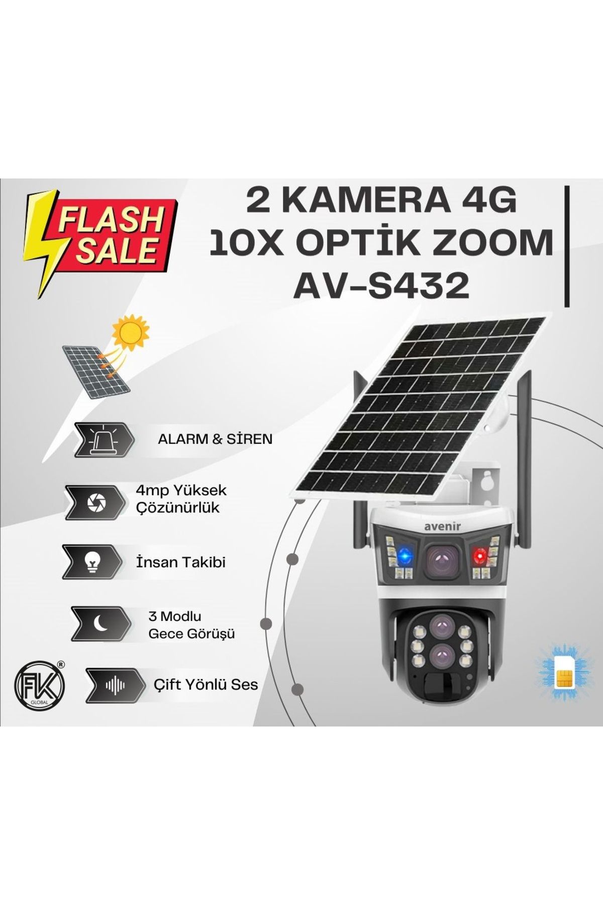 FK GLOBAL 2 Kamera, 4G, 10X Optik Zoom, Güneş Enerjili, Alarm-Siren, 4mp Yüksek Çözünürlük, İnsan Takibi