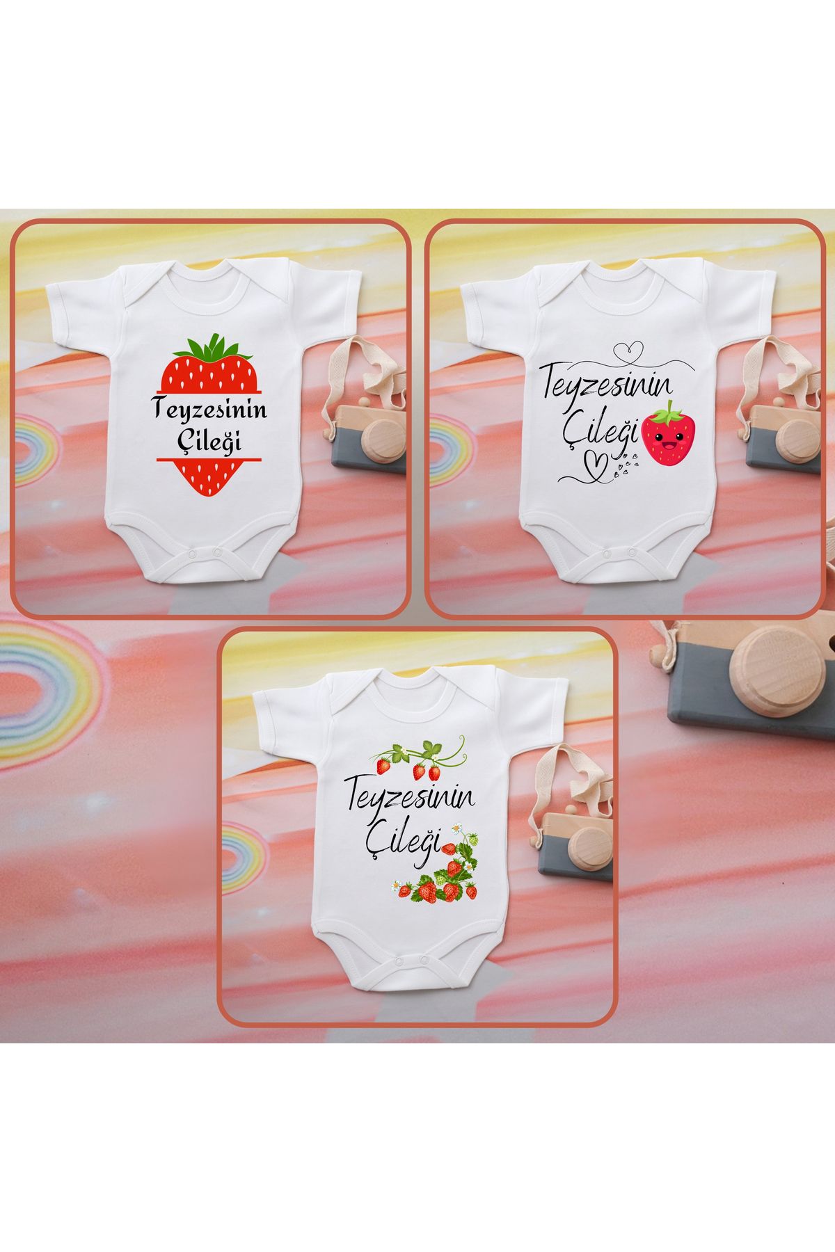 soft wing Teyzesinin Çilek Seti Bebek Zıbını 3lü %100 Pamuklu Bebek Çıtçıtlı Zıbın