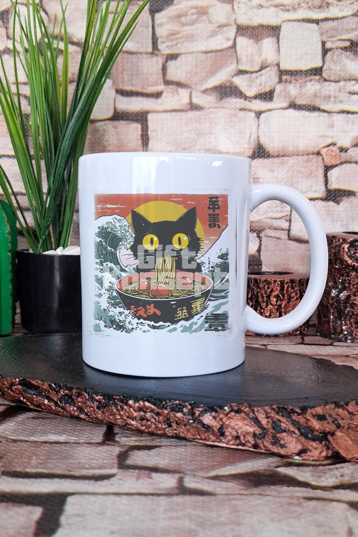 giftkonsept Ramen İlüstrasyon Kedi 6 Baskılı Sevimli Noodle Kedi Hediyelik Baskılı Çay Kahve Sunum Kupa Bardak