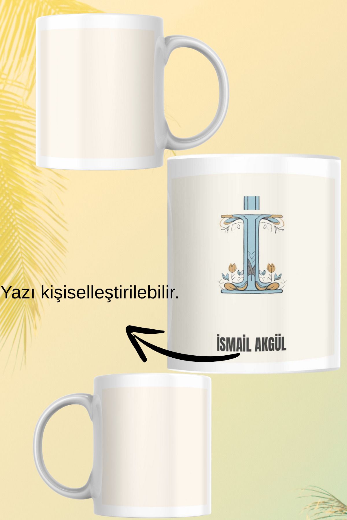 zerhome İ Harf ve İsim Soyisimli Beyaz Porselen Kupa Bardak