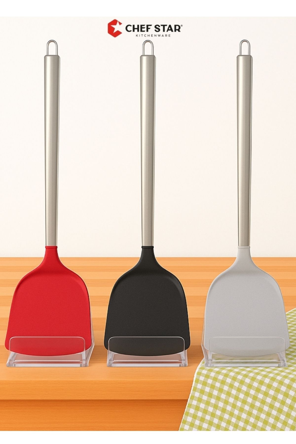 Chefstar PASLANMAZ ÇELİK SAPLI ISIYA DAYANIKLI GENİŞ SİLİKON SPATULA