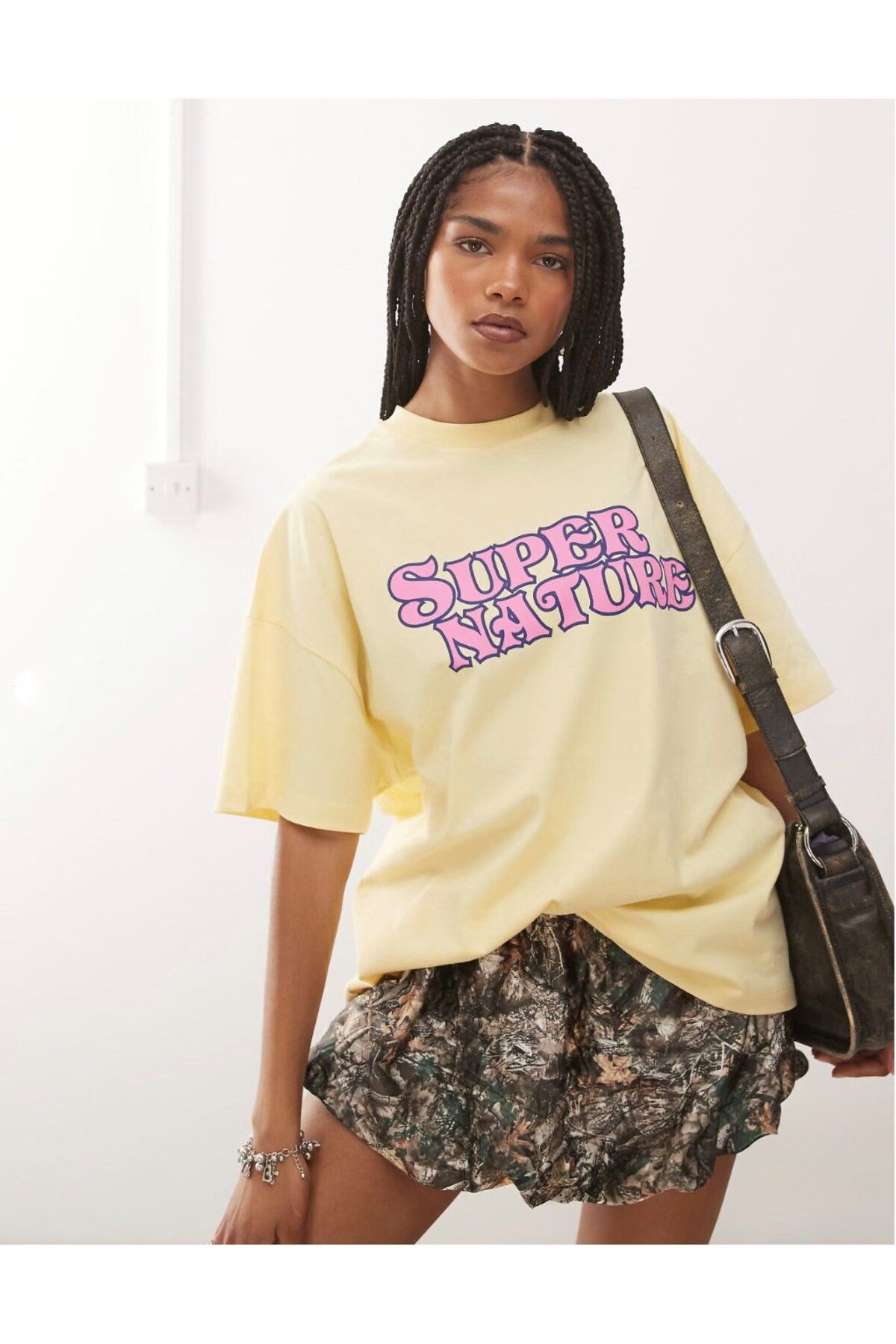 The Champ Clothing Kadın Oversize Tişört – Pembe Yazı Baskılı Super Nature Tasarım