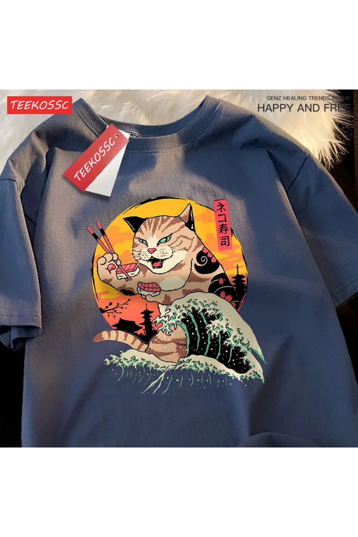 StartMore Y2k Vintage Tişört Tee Japon Harajuku dalga suşi kedi