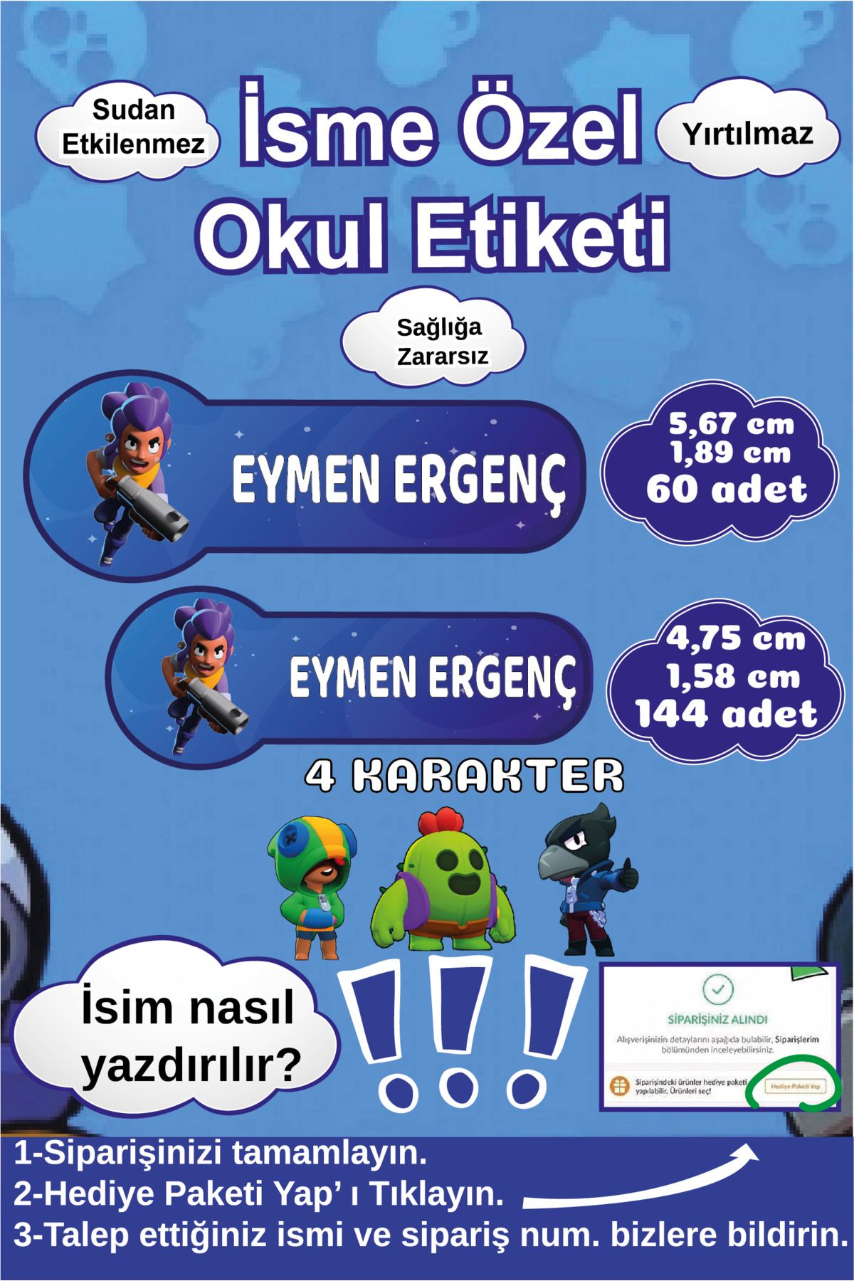 Ayza Tasarım İsme Özel Su Geçirmez Okul Etiketi Sticker Kişiye Özel Çocuk İsim Etiketi Kırtasiye Malzemeleri