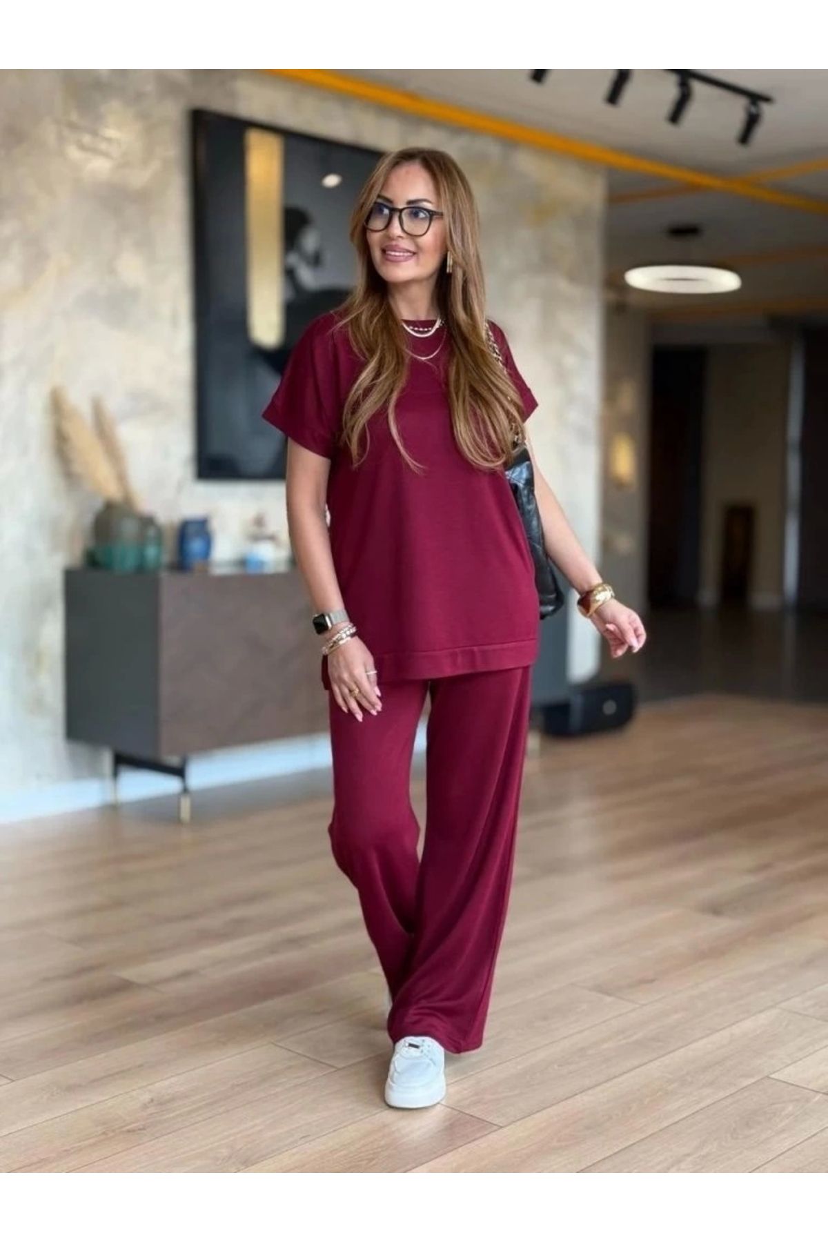 Butik Kadın Kısa Kollu Bisiklet Yaka Viskon Iki Iplik Bluz Ve Pantolon Ikili Takım