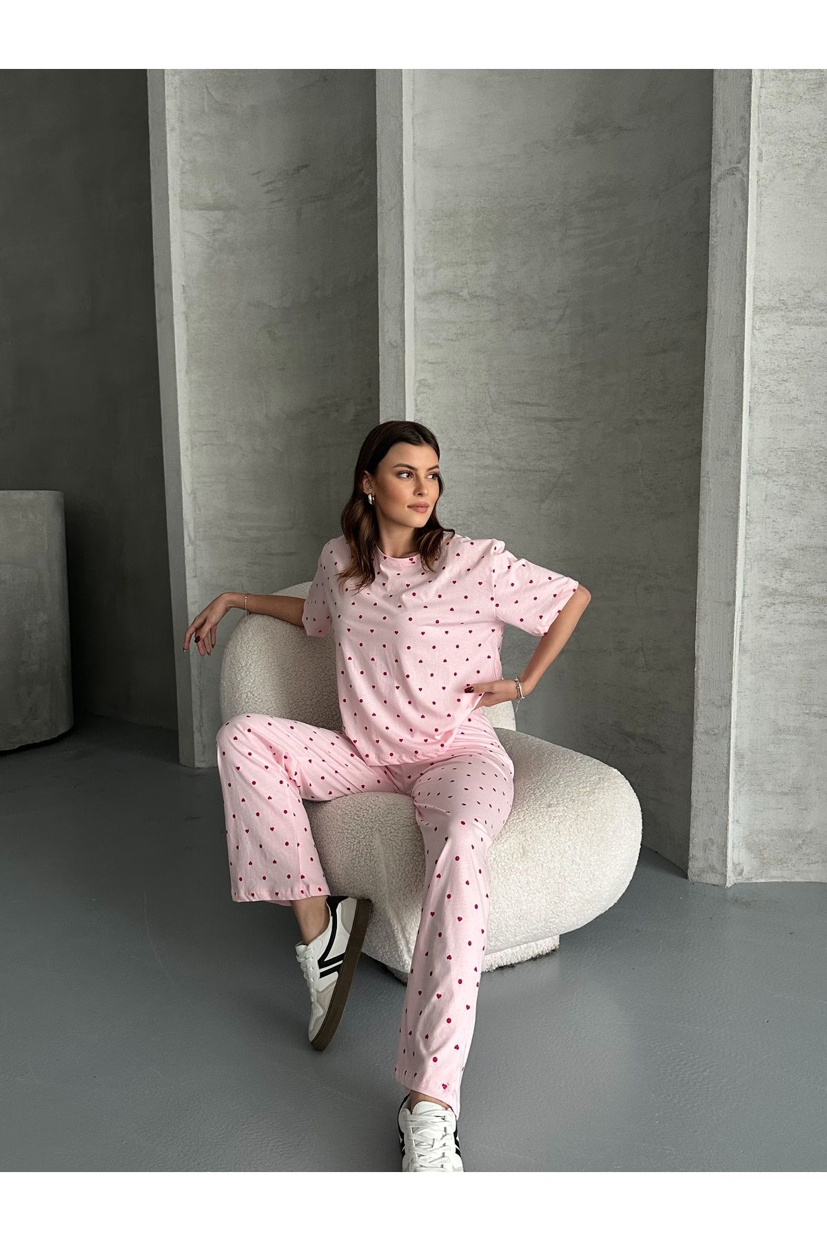LETS BASIC Kadın Baskılı Pijama Takımı - Kalpli Desenli
