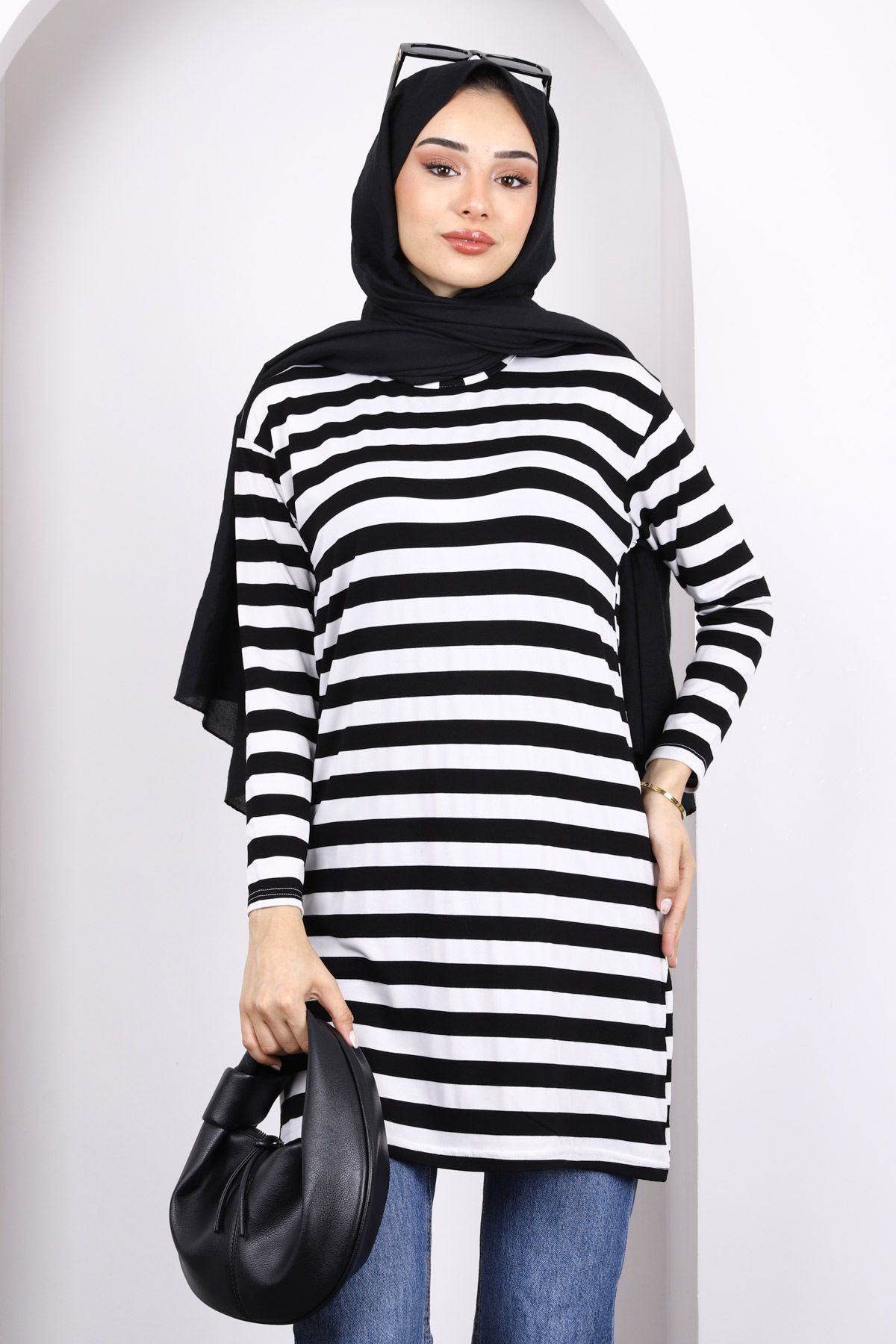 İmajButik Siyah Çizgili Uzun Kol Tunik