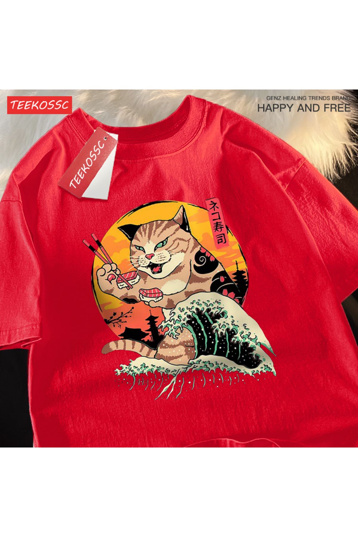StartMore Y2k Vintage Tişört Tee Japon Harajuku dalga suşi kedi