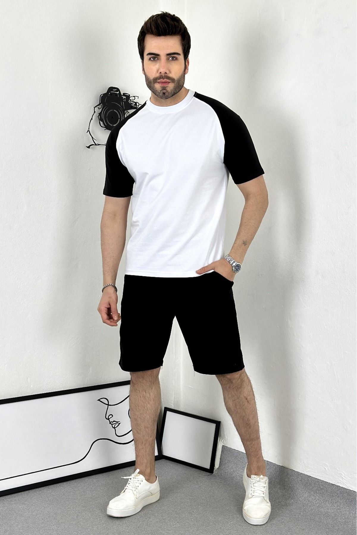 asil butik Unisex omuzu siyah beyaz kısa kollu T-Shirt