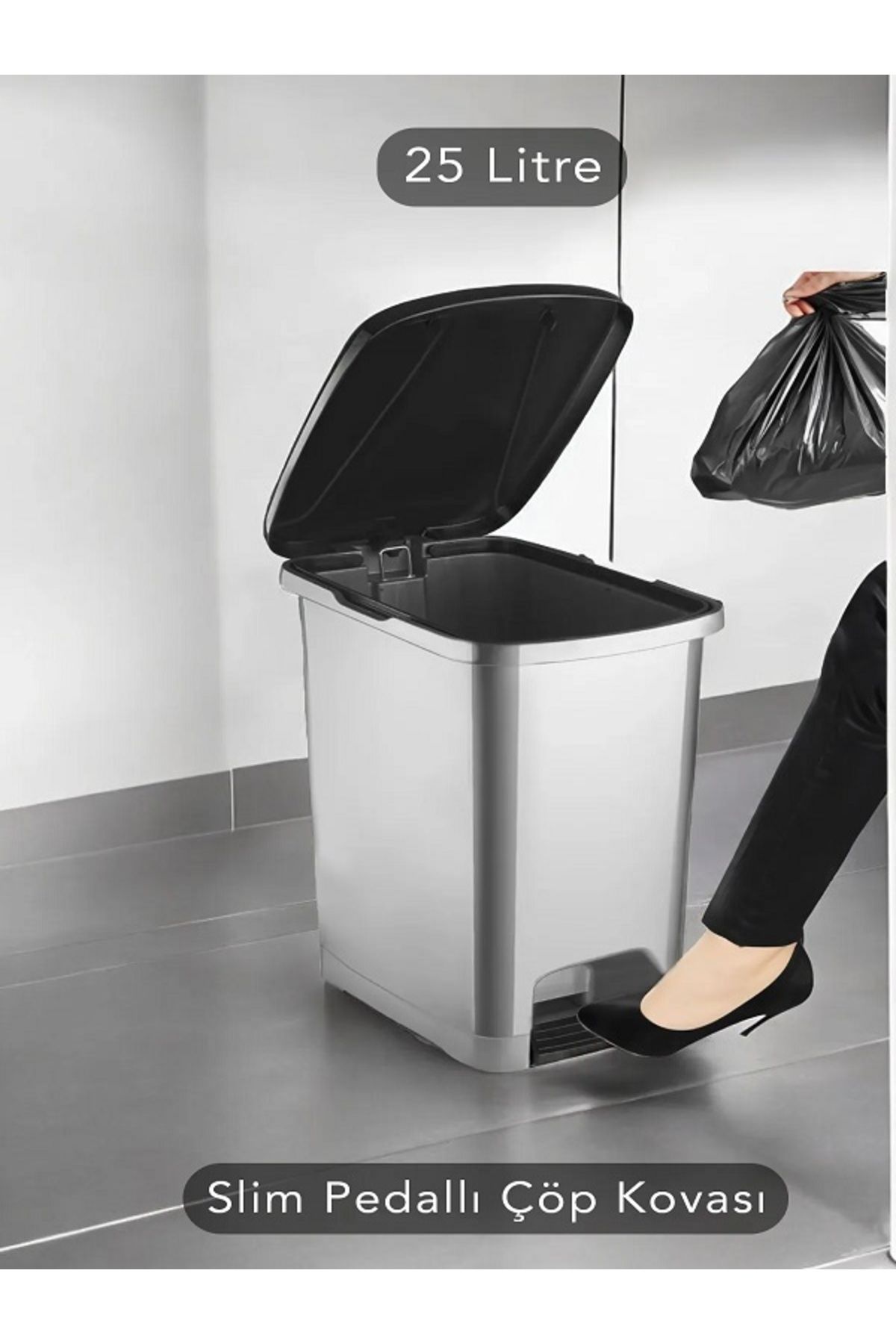 Carat Home 3Lü 25-15-10 Litre Set Slim Pedallı Banyo Mutfak Çöp Kovası - Antrasit