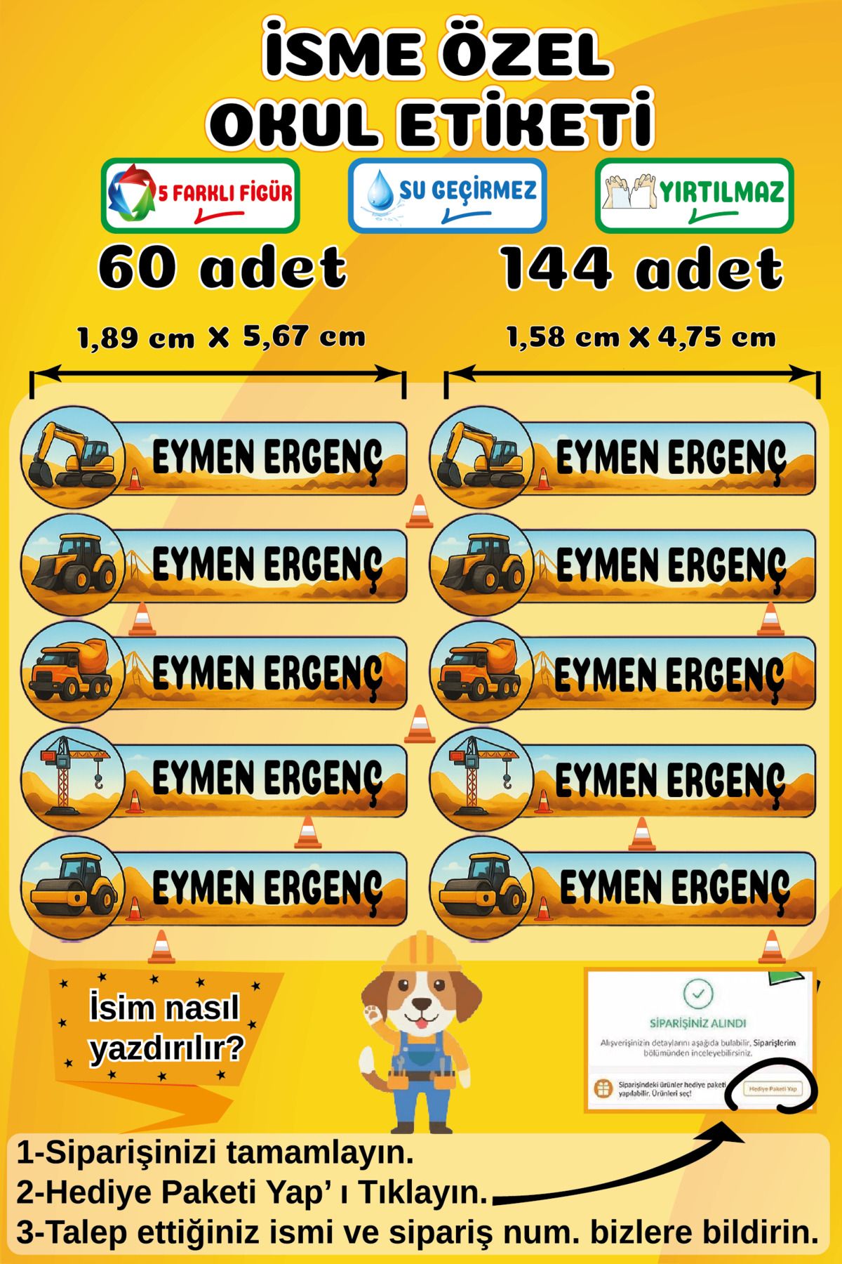 Ayza Tasarım İsme Özel Su Geçirmez Okul Etiketi Sticker Kişiye Özel Erkek Çocuk İsim Etiketi Kırtasiye Malzemeler