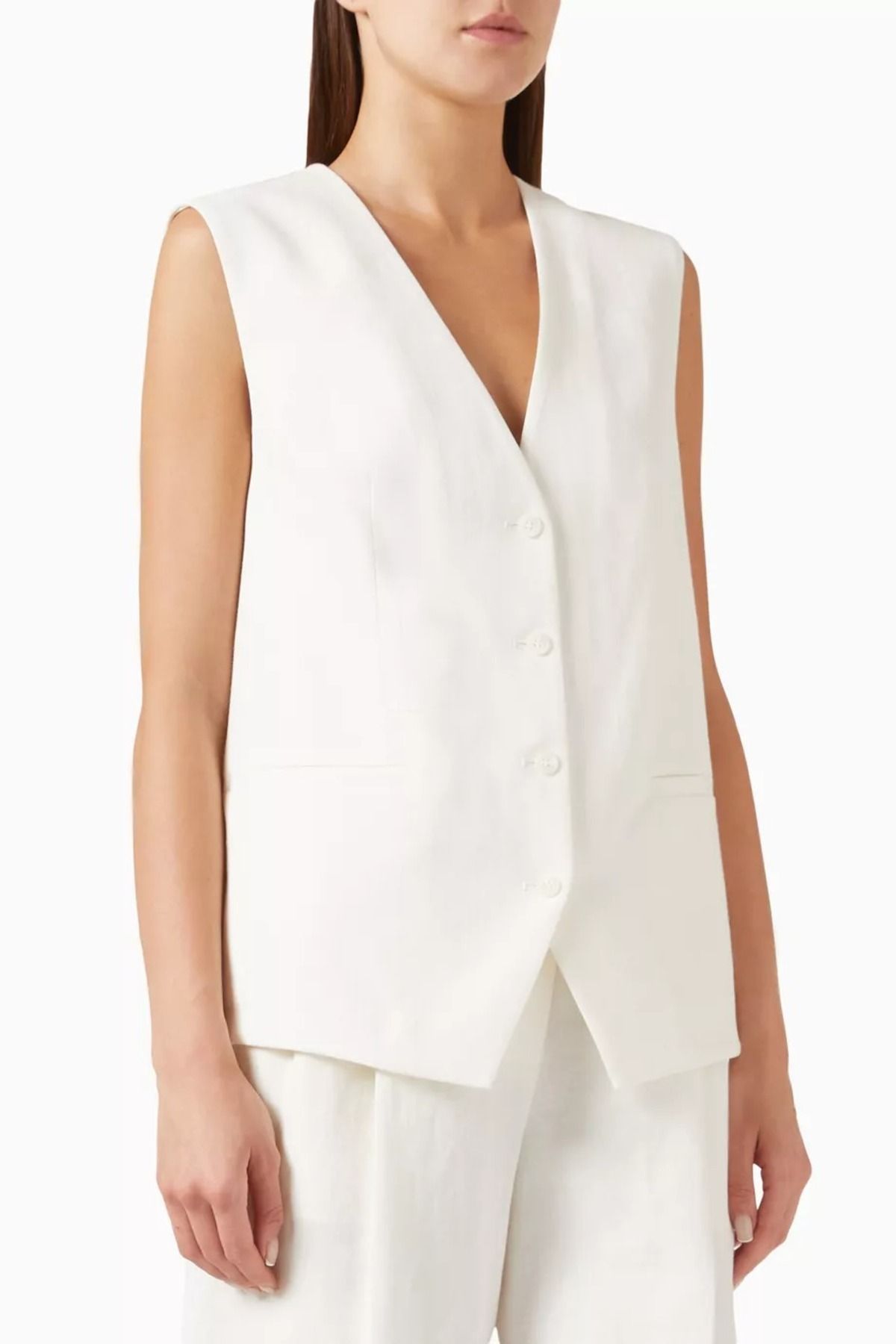 12storeez Off White Linen Suit Vest, Uzun Kesim, Yapılı ve Çok Yönlü Keten Yelek