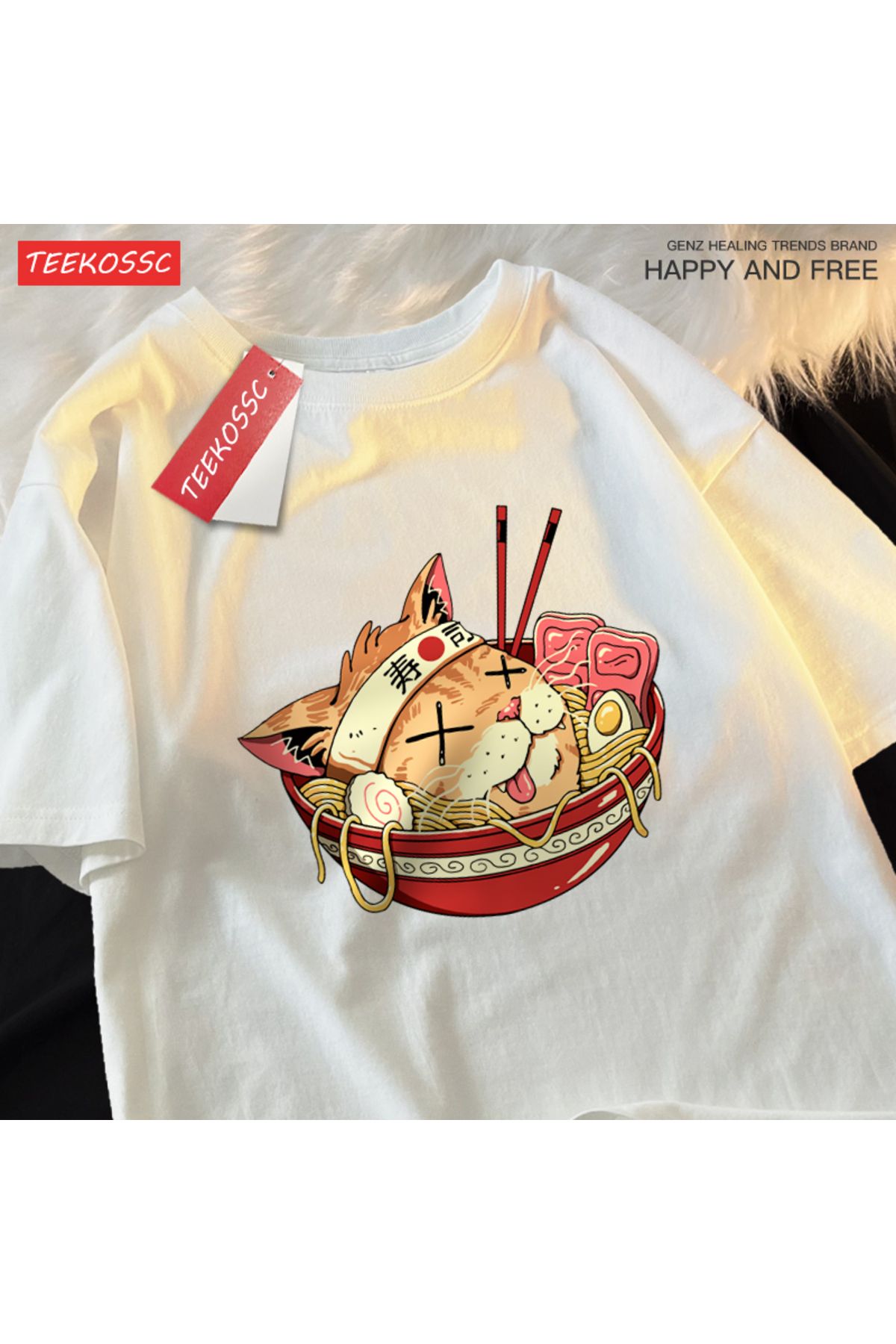 StartMore Y2k Vintage Tişört Tee Japon Harajuku suşi erişte kedi