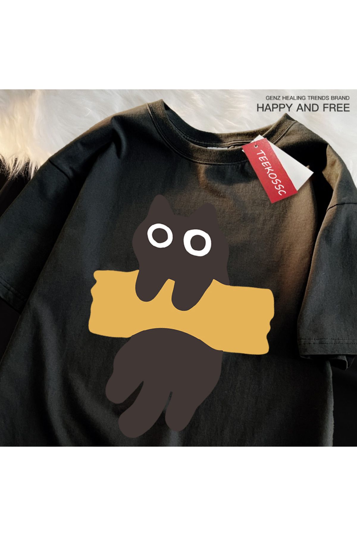 StartMore Y2k Vintage Tişört Tee Eğlenceli Yapışkan Bant Kedi Baskı Japon Tarzı