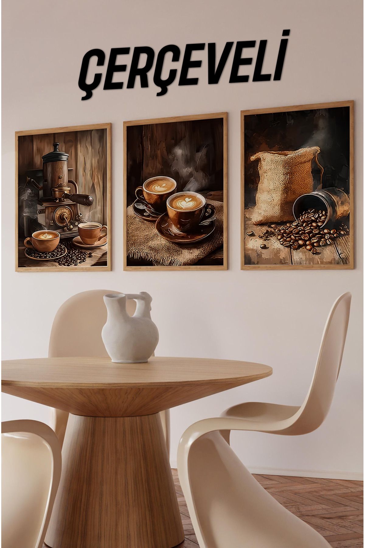 kutuTR ☕ Ahşap Çerçeveli MDF 3’lü Kahve Temalı Tablo Seti – 23x32 / 32x42 / 42x62 cm CRV1002