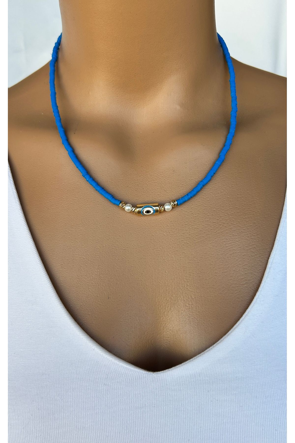 Alvora Accessories El Yapımı Mavi Gold Nazar Boncuklu Göz Alıcı Renkler Hafif Kullanımı Kolay Yazlık Kolye