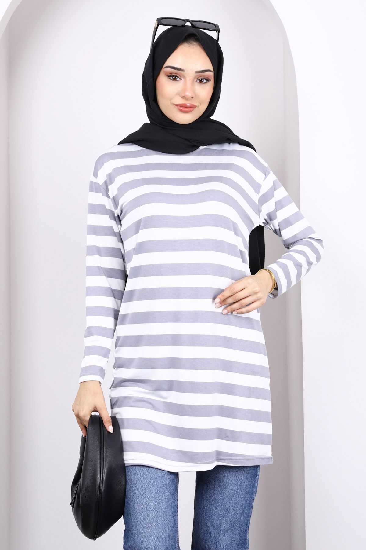 İmajButik Gri Çizgili Uzun Kol Tunik