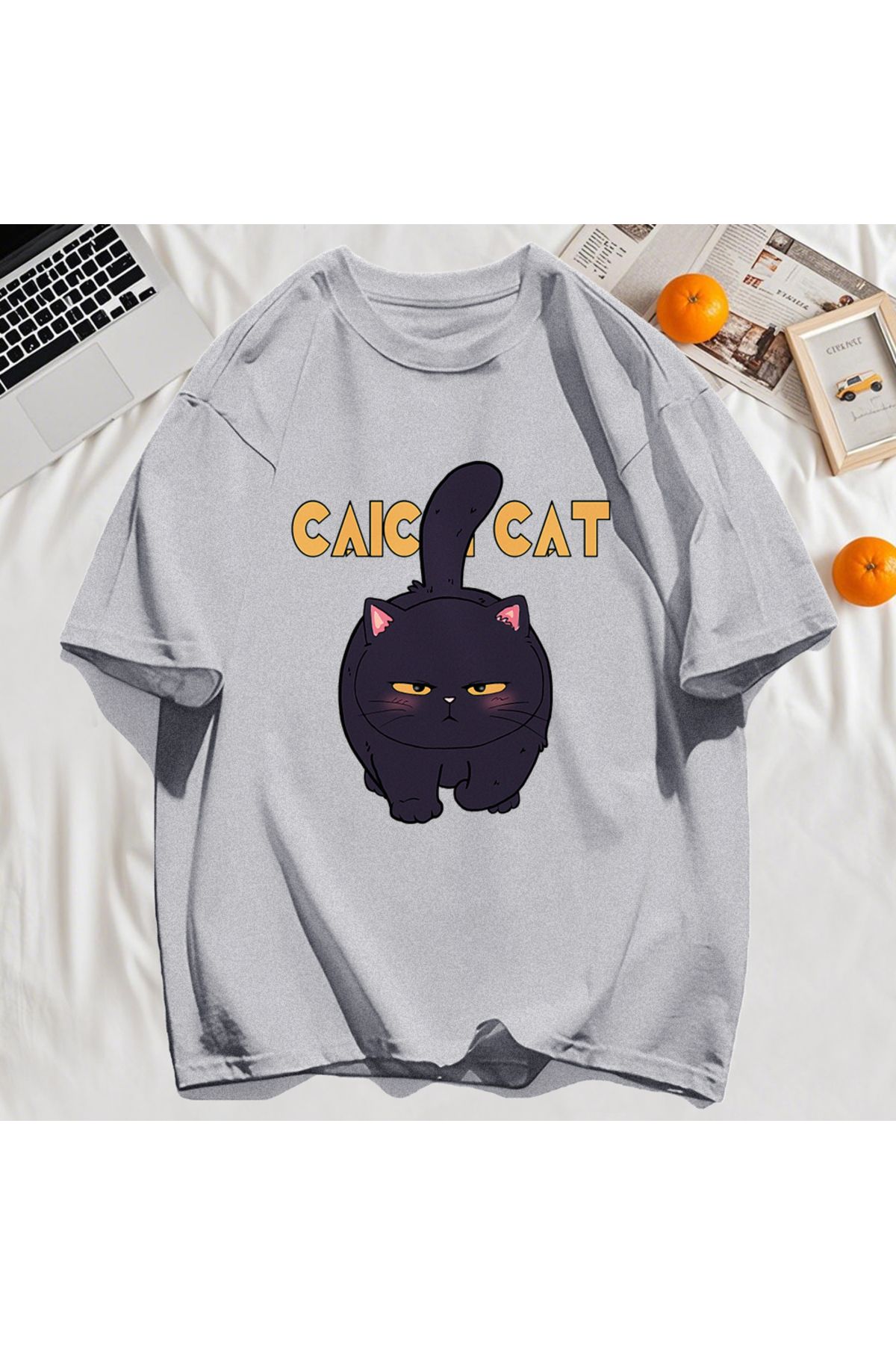 StartMore Y2k Vintage Tişört Tee Siyah Tombul Küçük Kedi Tasarım